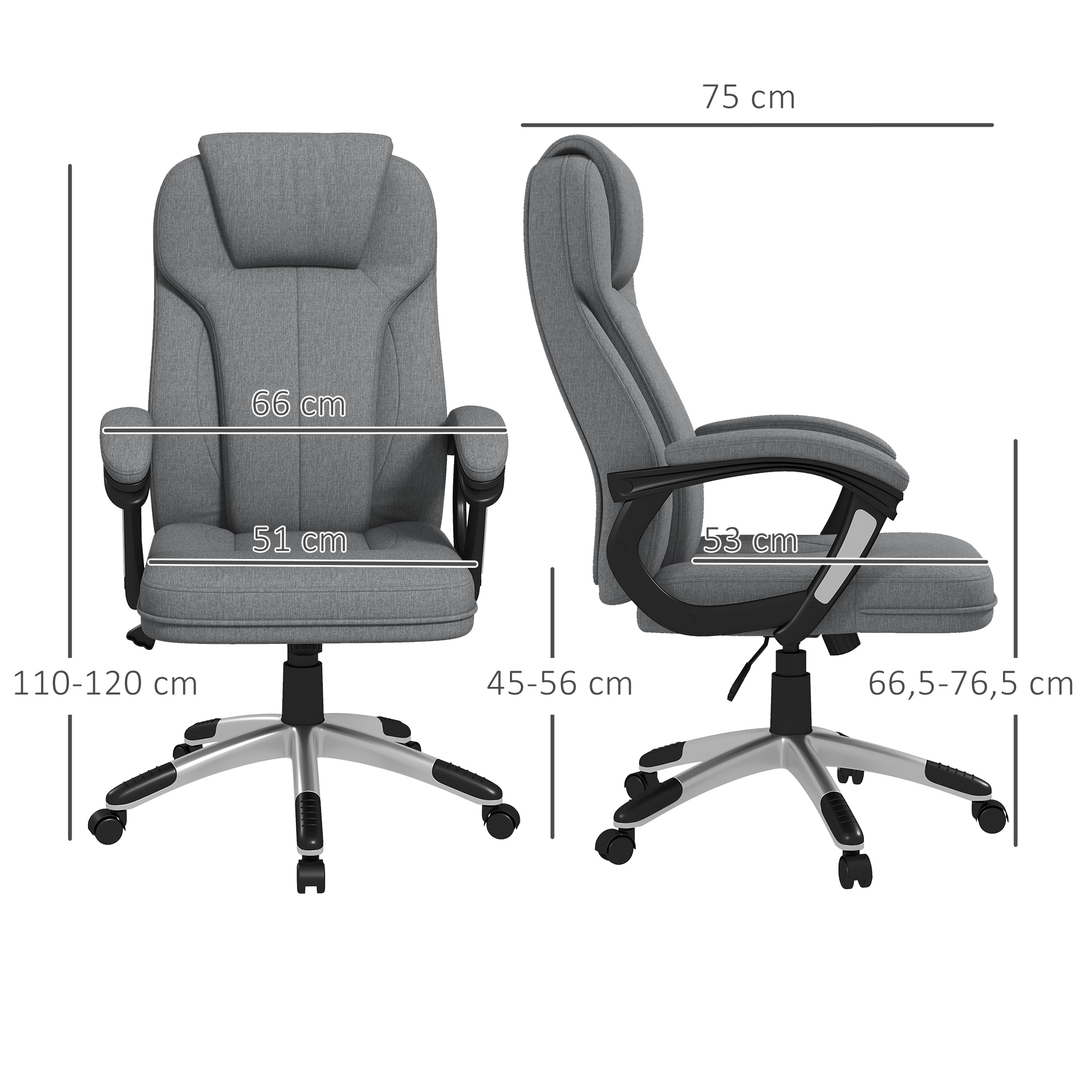 Diagrama de una silla de oficina gris con dimensiones: altura, ancho y profundidad.