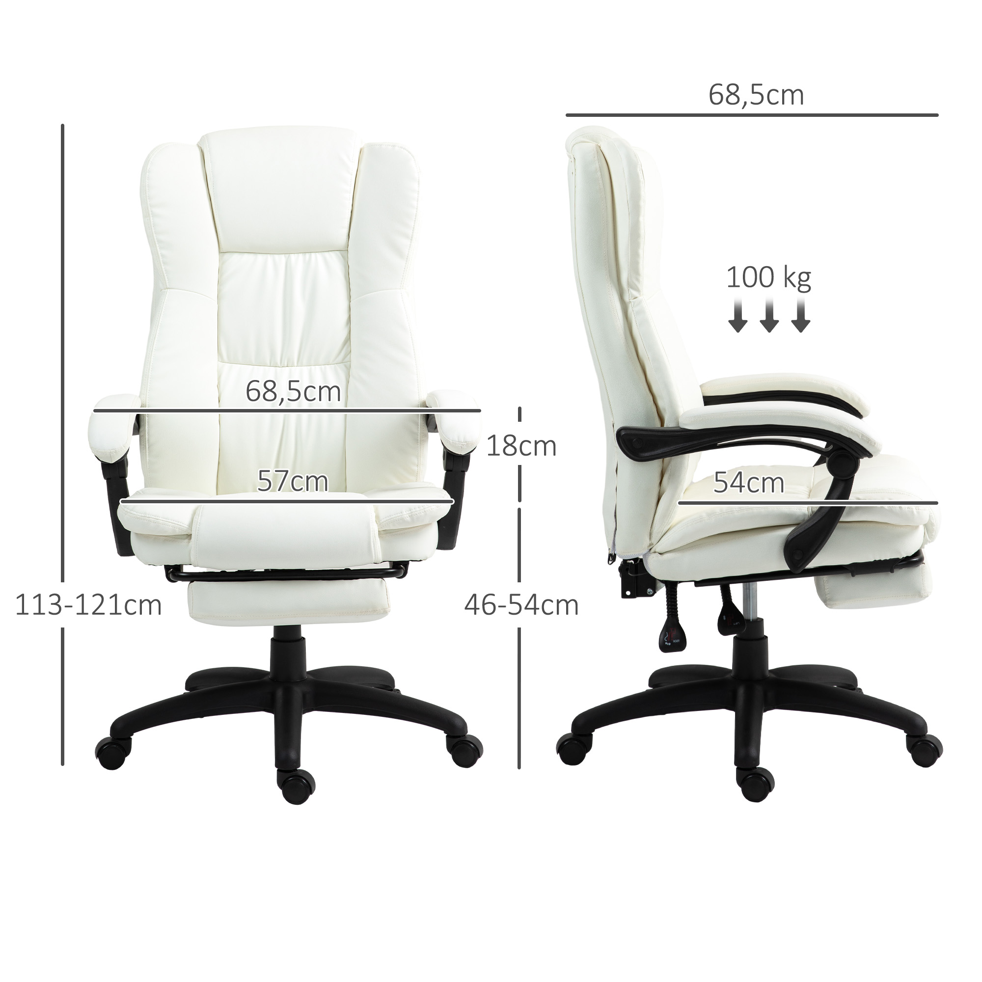 Silla de oficina blanca con medidas: 113-121cm altura, 68,5cm ancho, 57cm asiento.