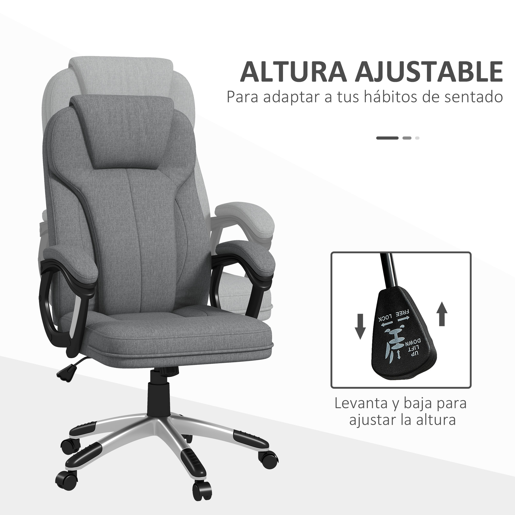 Silla de oficina gris ajustable. El diagrama muestra cómo ajustar la altura.
