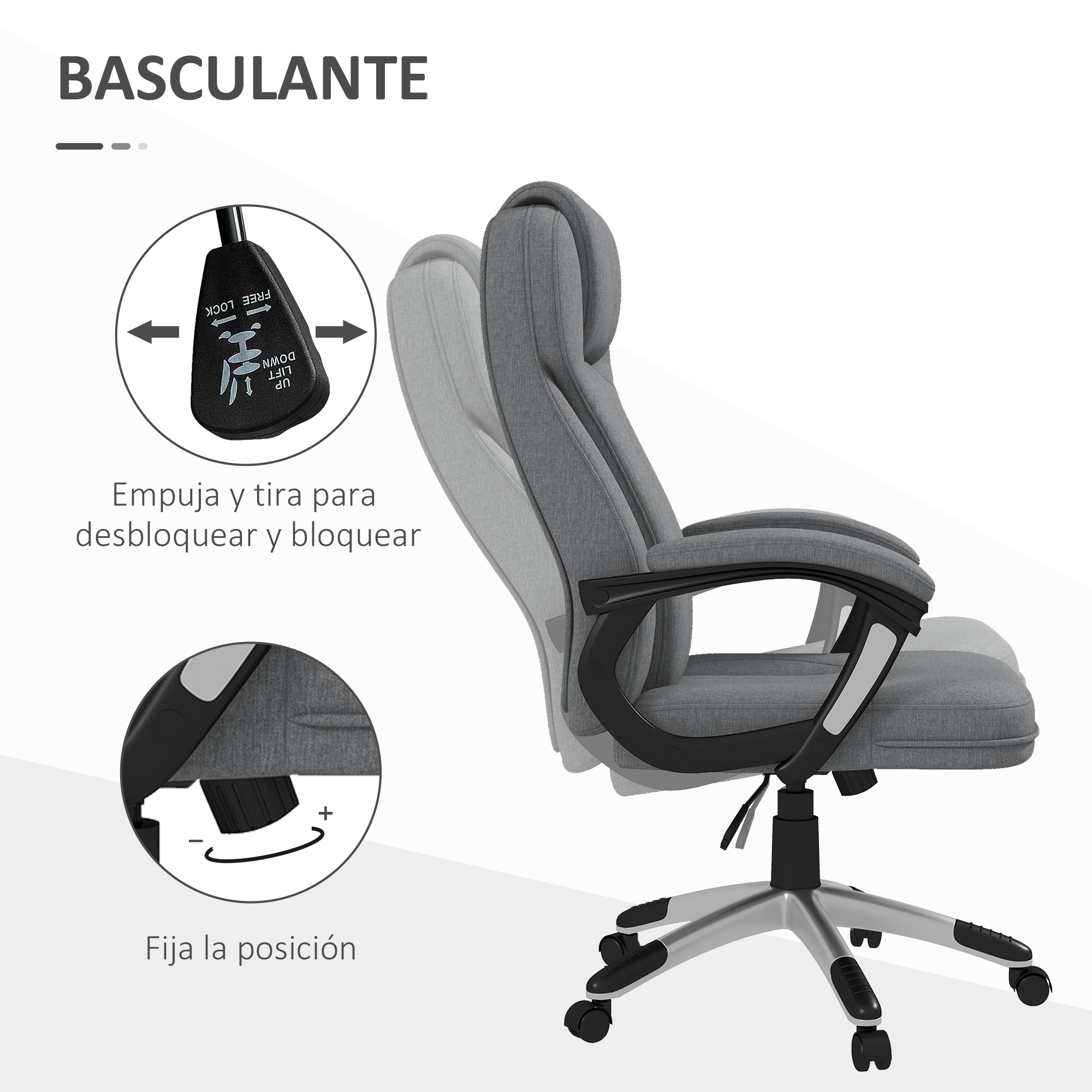 Silla de oficina gris con detalles de respaldo y brazos, y primer plano del ajuste.