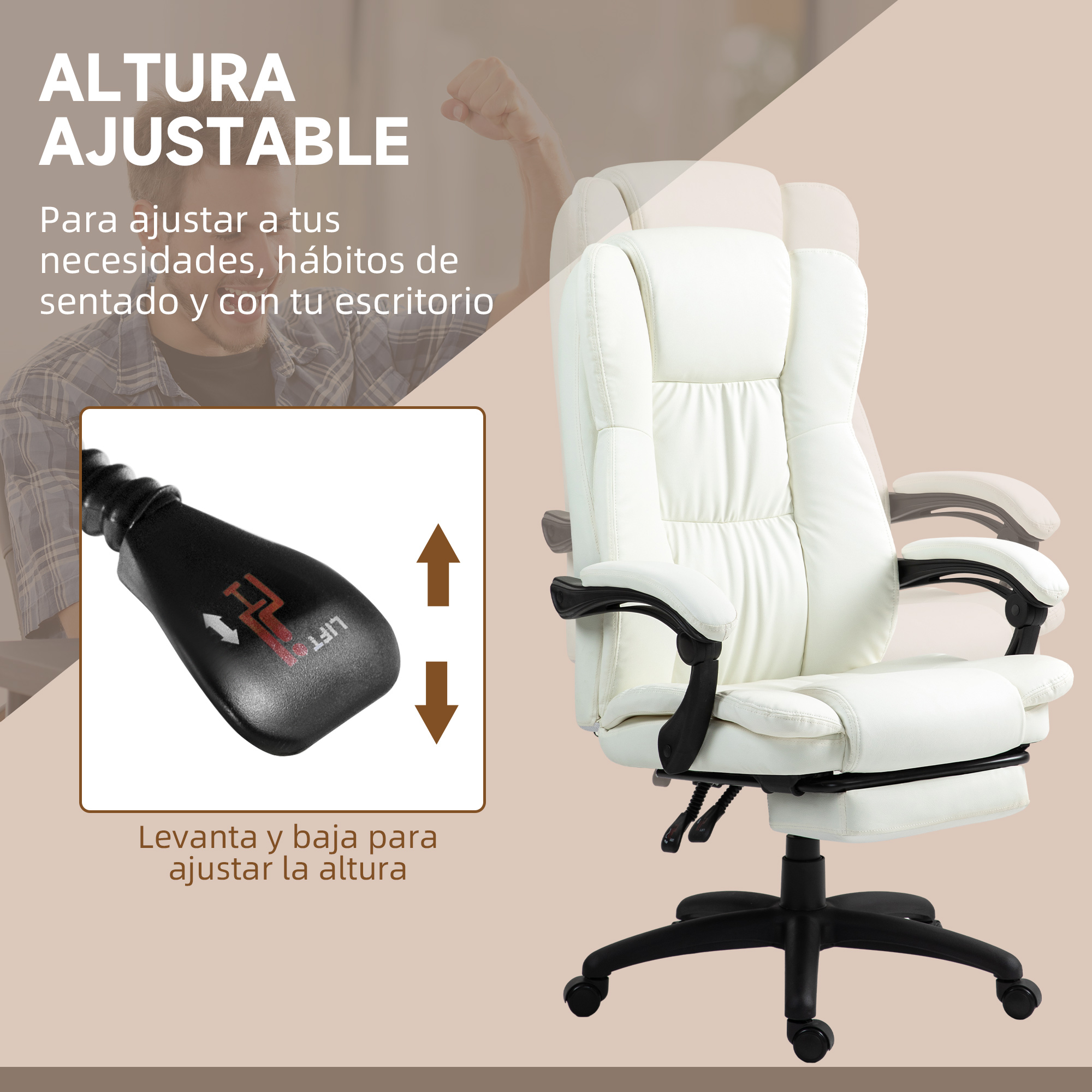 Una silla de oficina blanca con altura ajustable. Tiene respaldo alto y una palanca para ajustar.