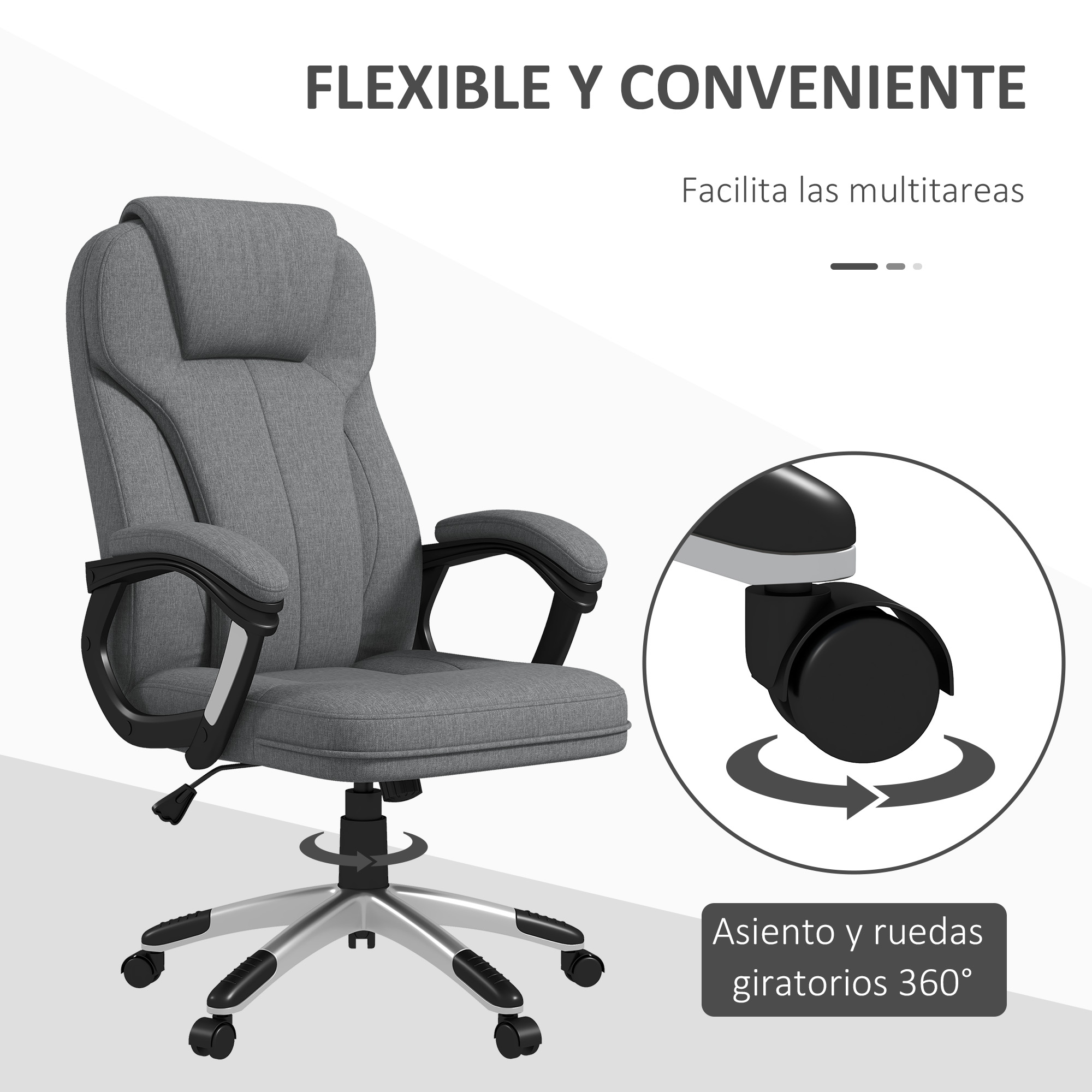 Silla de oficina gris con reposacabezas, reposabrazos y base giratoria 360° con ruedas.