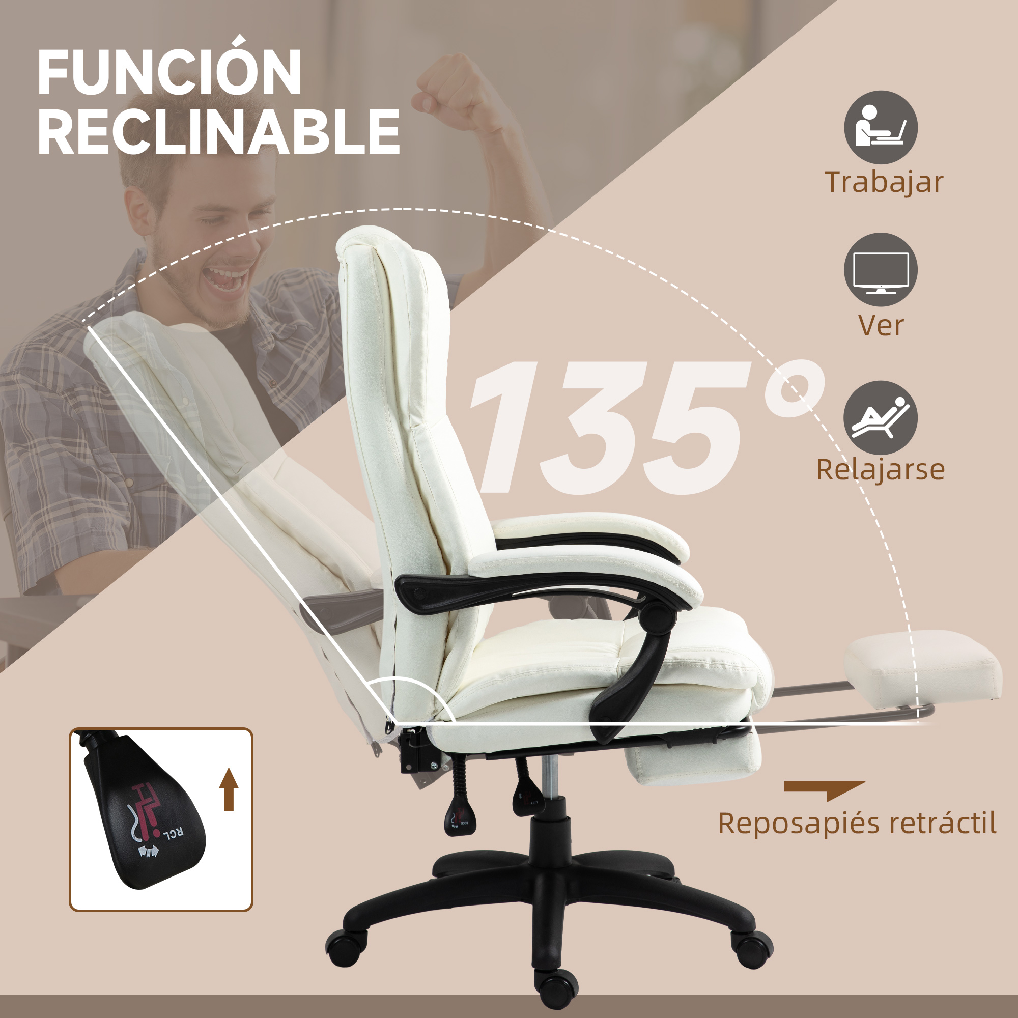 Silla de oficina con función reclinable. Una persona sonríe, y los iconos muestran: Trabajar, Ver, Relajarse. Reposapiés visible.
