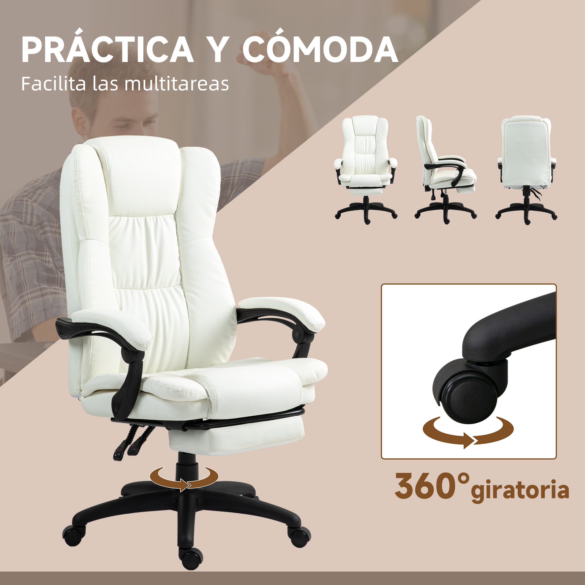 Una silla de oficina blanca con reposacabezas y reposabrazos. Tiene una base giratoria de 360 grados. Se muestran vistas adicionales de la silla.