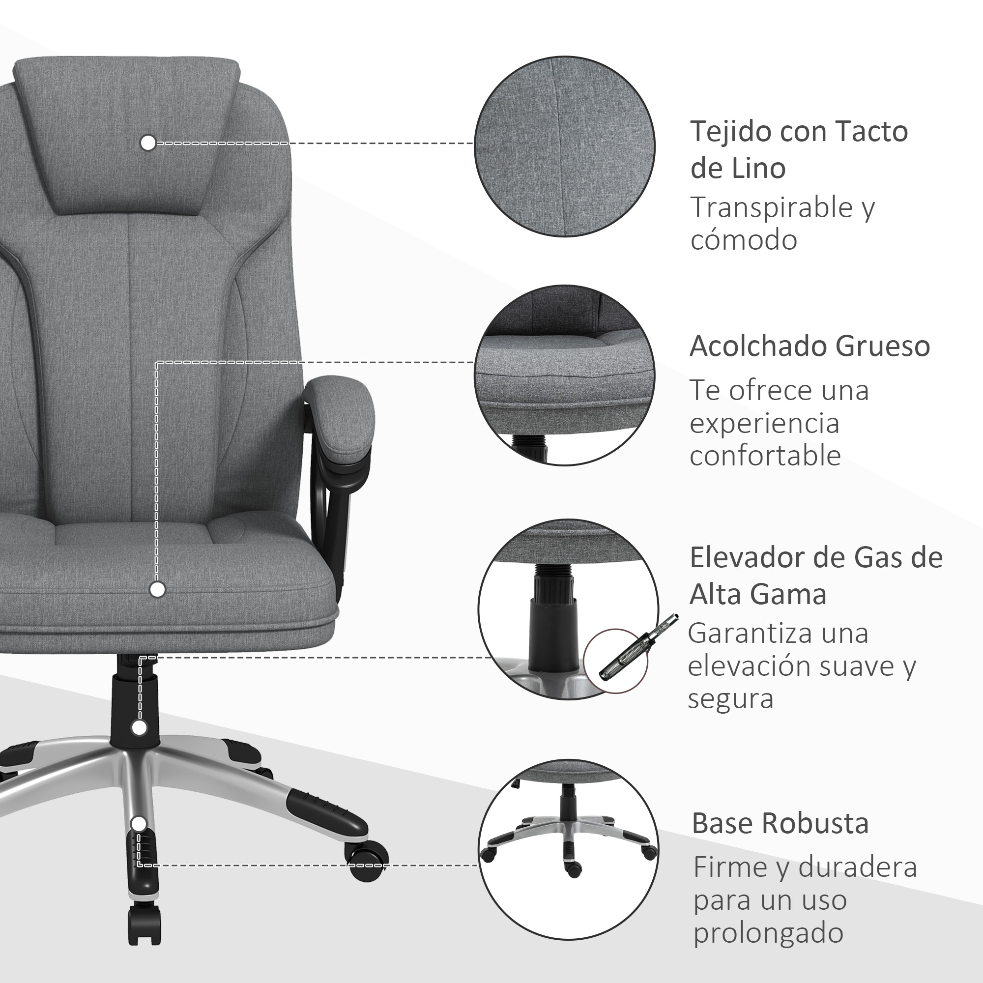 Silla de oficina gris con anotaciones detalladas. Incluye información sobre tela, acolchado y base.