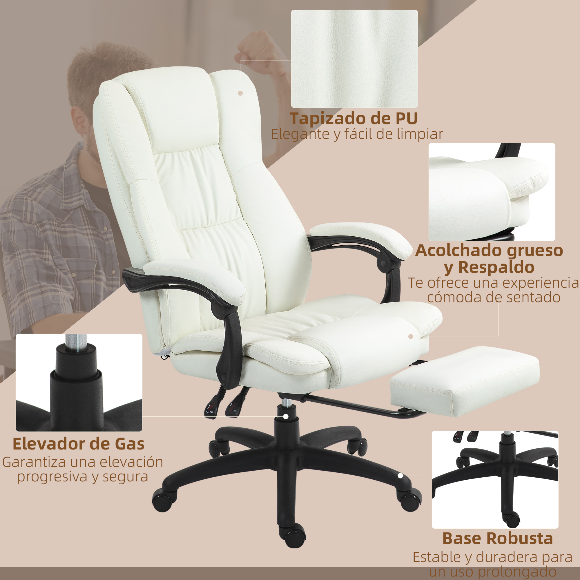 Una silla de oficina blanca con asiento blanco y base negra. Muestra características como reposacabezas y reposapiés.