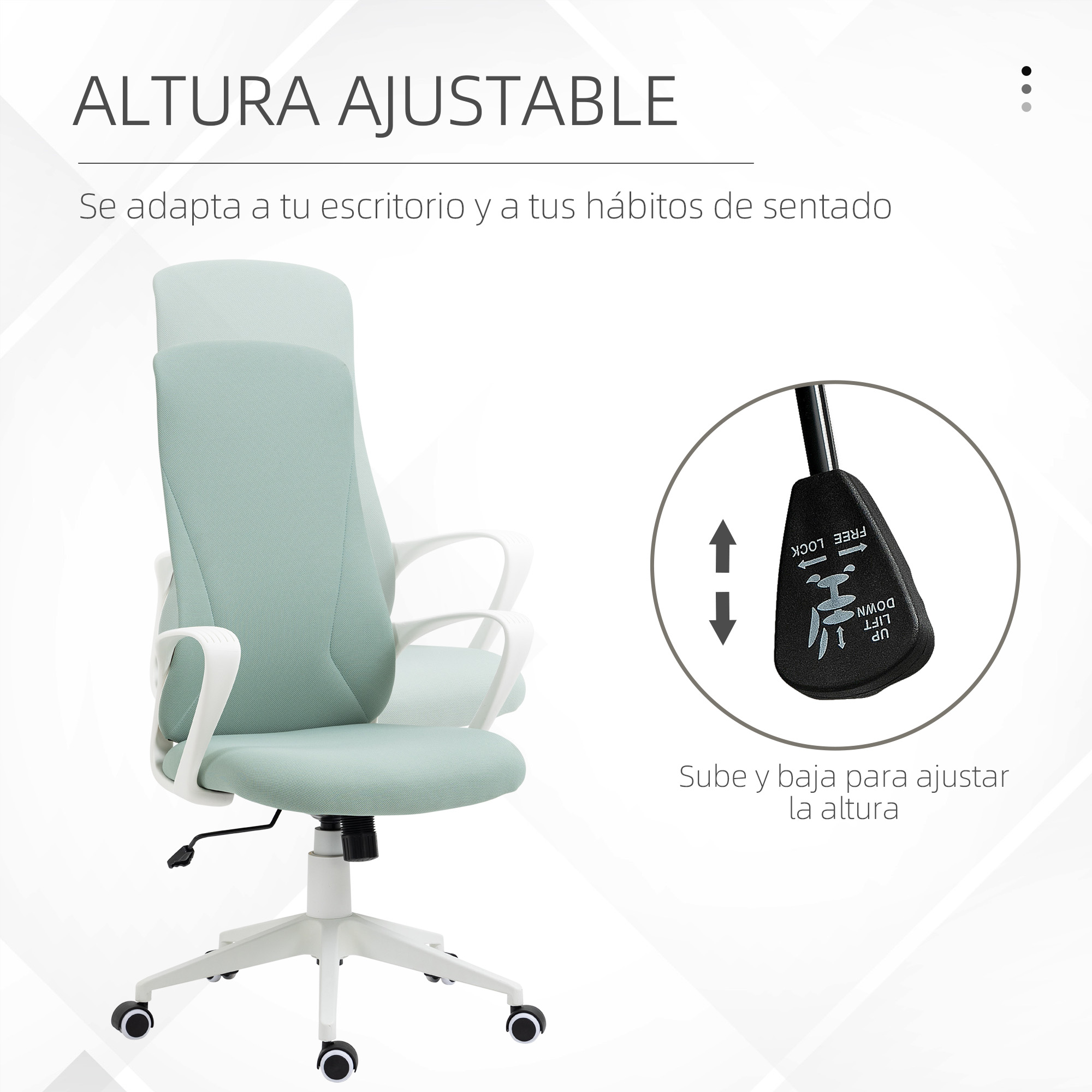 Una silla de oficina ajustable con respaldo verde menta y marco blanco, con instrucciones de ajuste.