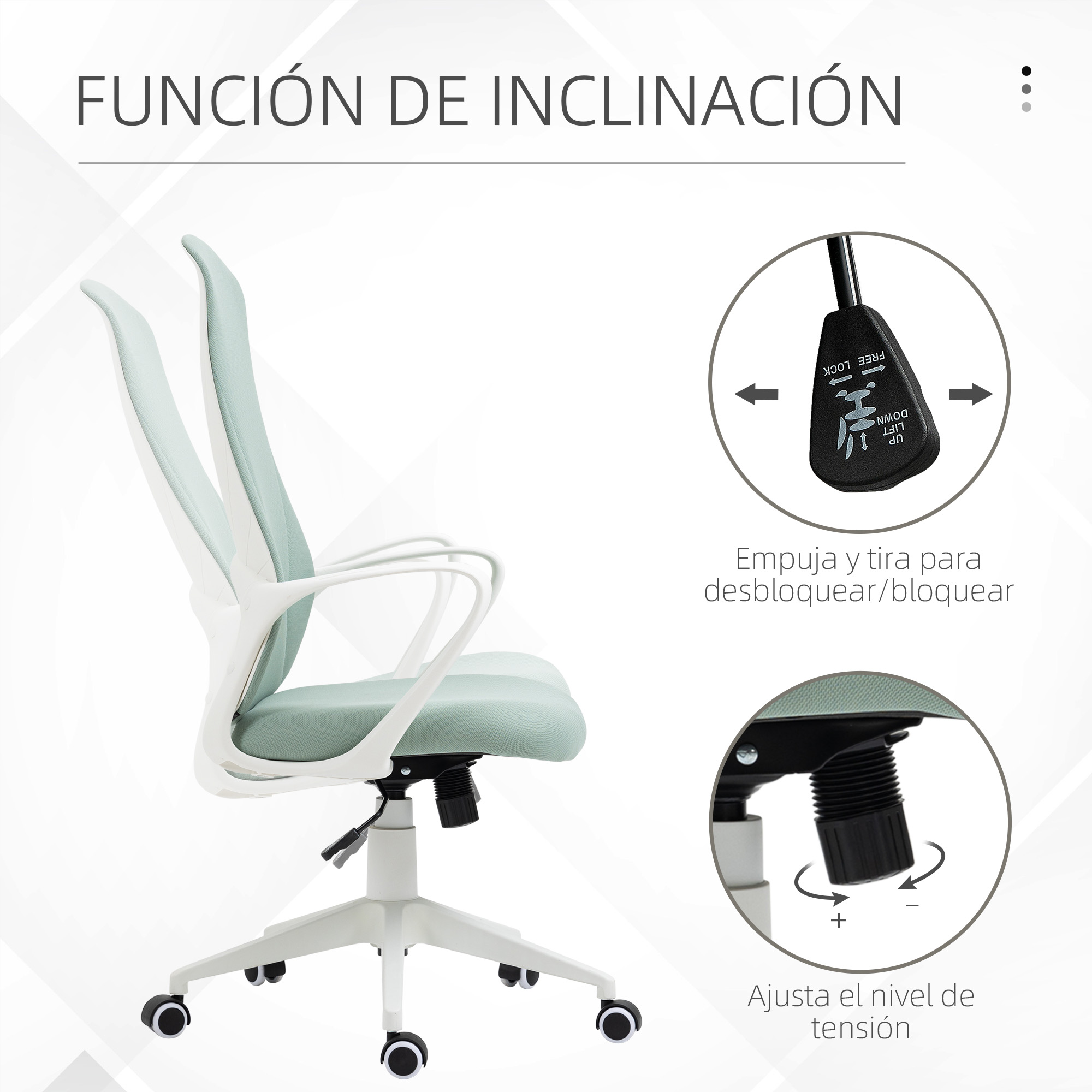 Silla de oficina blanca y verde con función de inclinación. Los ajustes se muestran en primer plano.