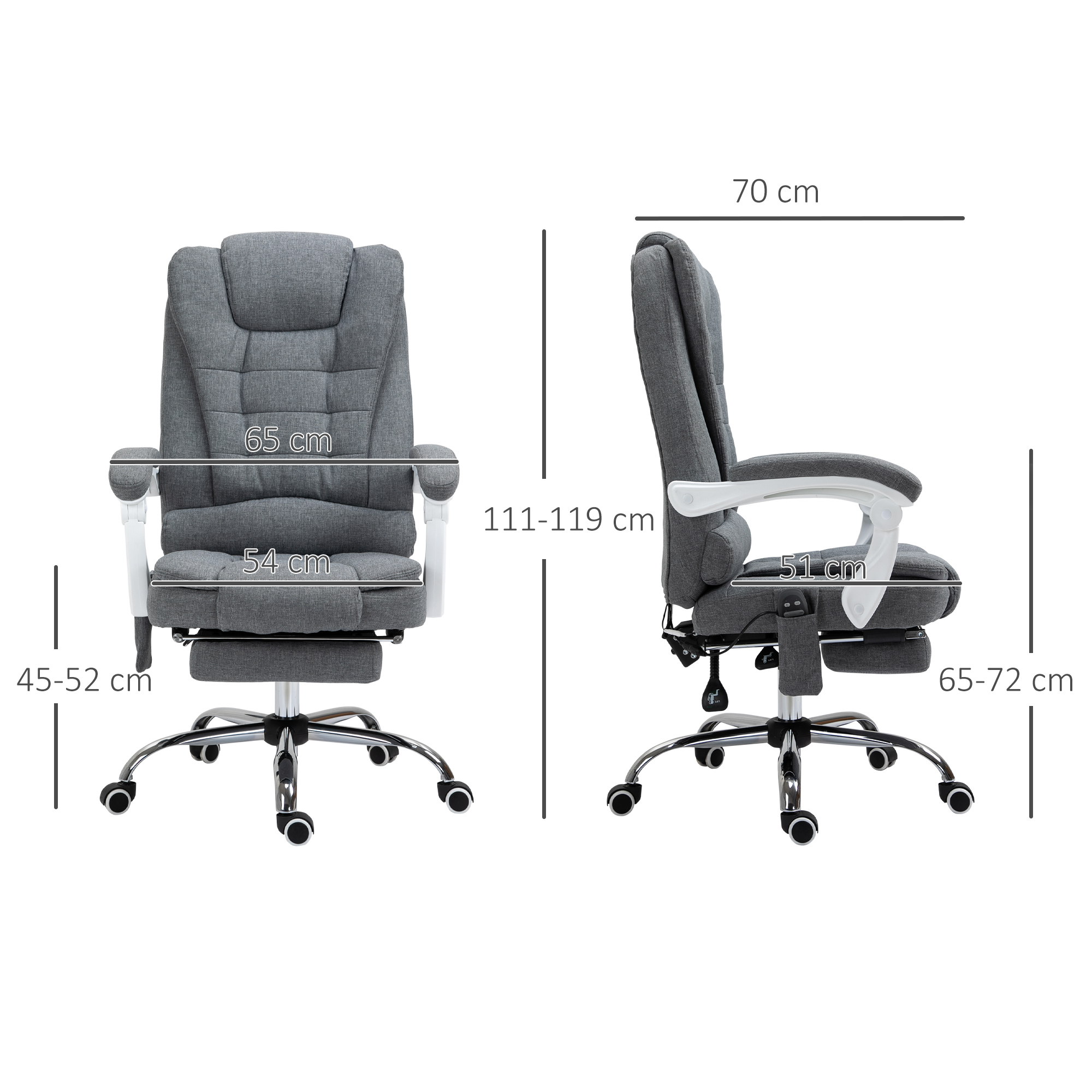 Sedia da ufficio in due viste con misure. Tessuto grigio, braccioli bianchi, base e ruote cromate.