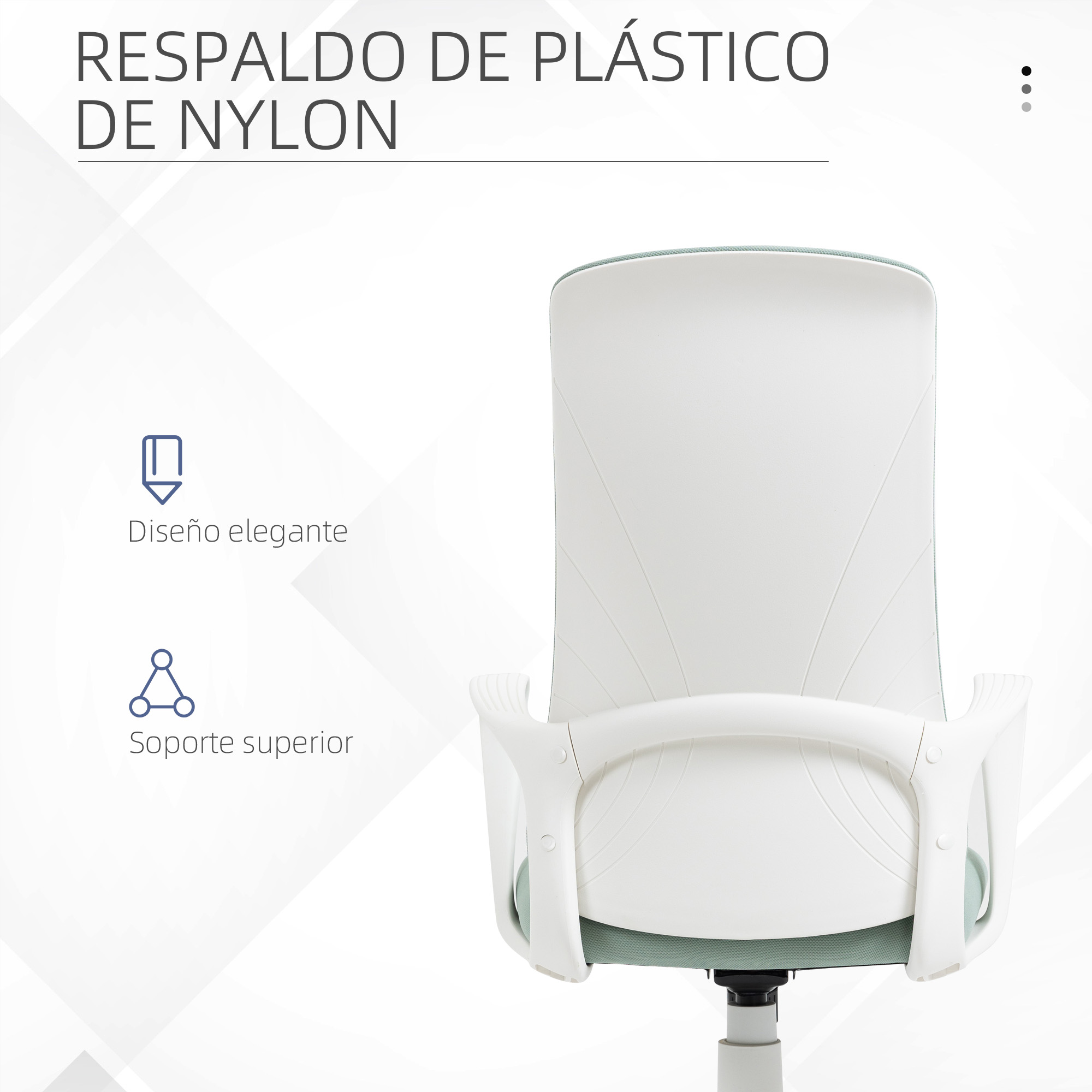Primer plano de una silla de oficina blanca y verde. Respaldo de plástico.
