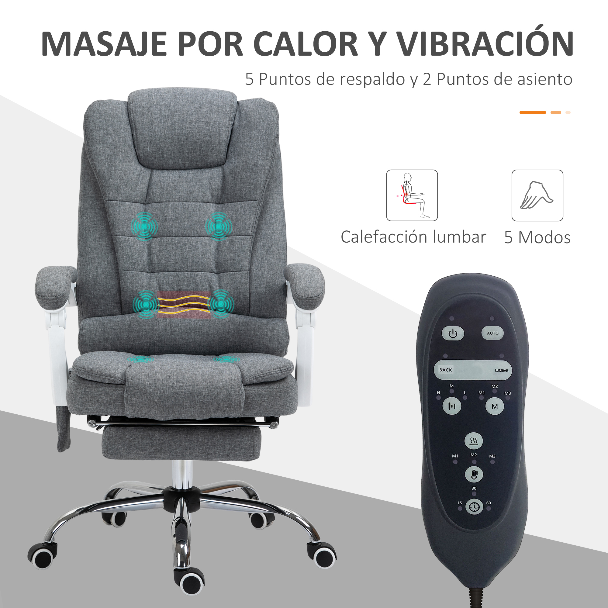 Sillón de masaje gris con mando, mostrando puntos de calor y vibración.