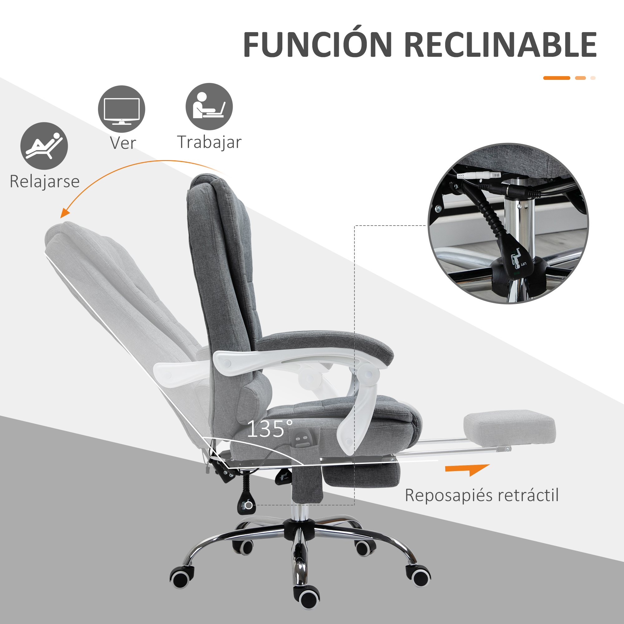 Silla de oficina en tela gris, reclinada a 135 grados. Incluye reposabrazos y reposapiés retráctil.
