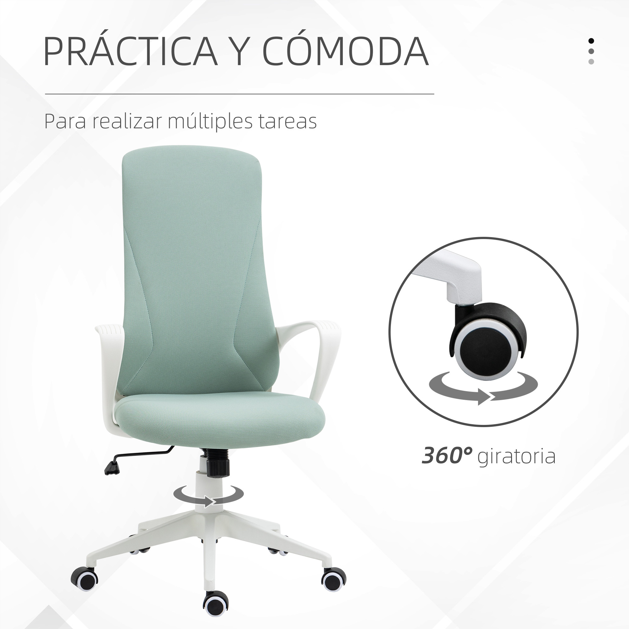 Silla de oficina con respaldo verde claro y estructura blanca, ruedas y base giratoria.
