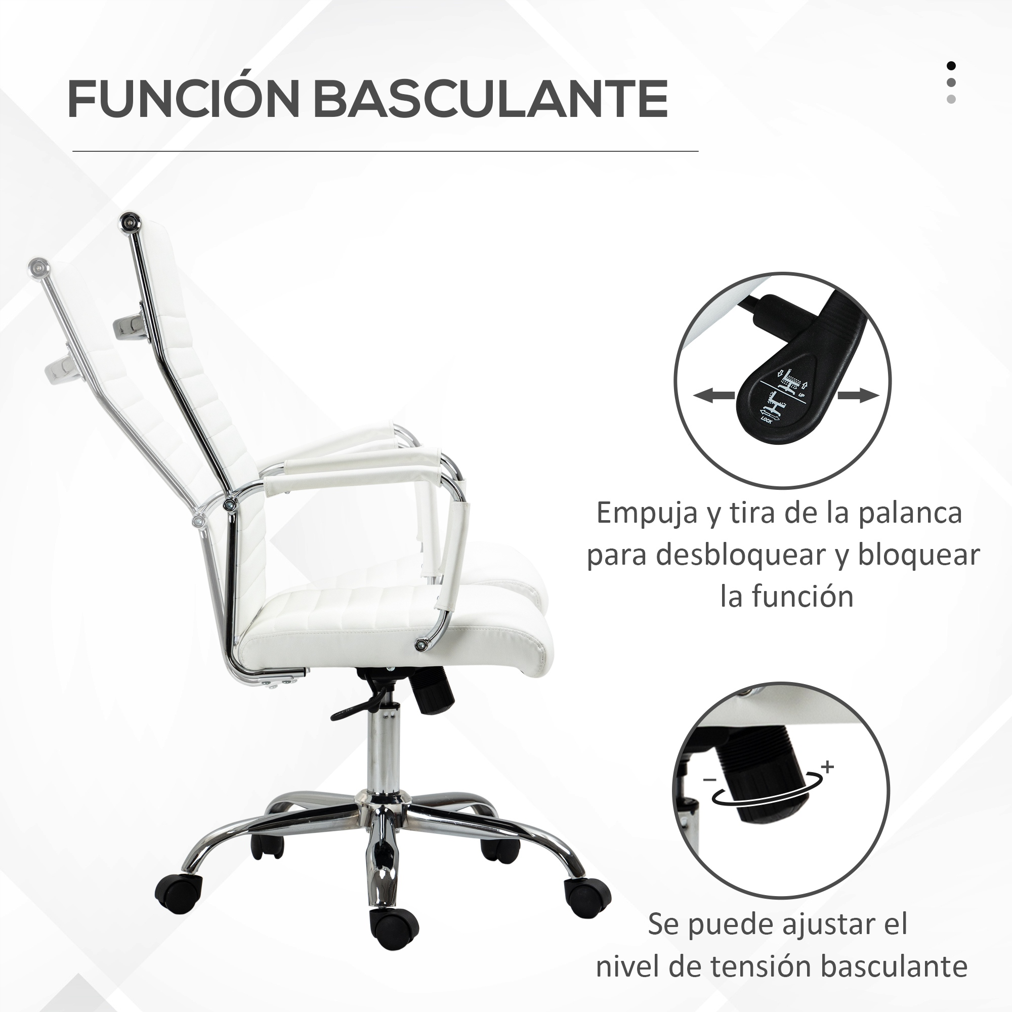 Silla de oficina blanca, detalles de función basculante, con diagramas.