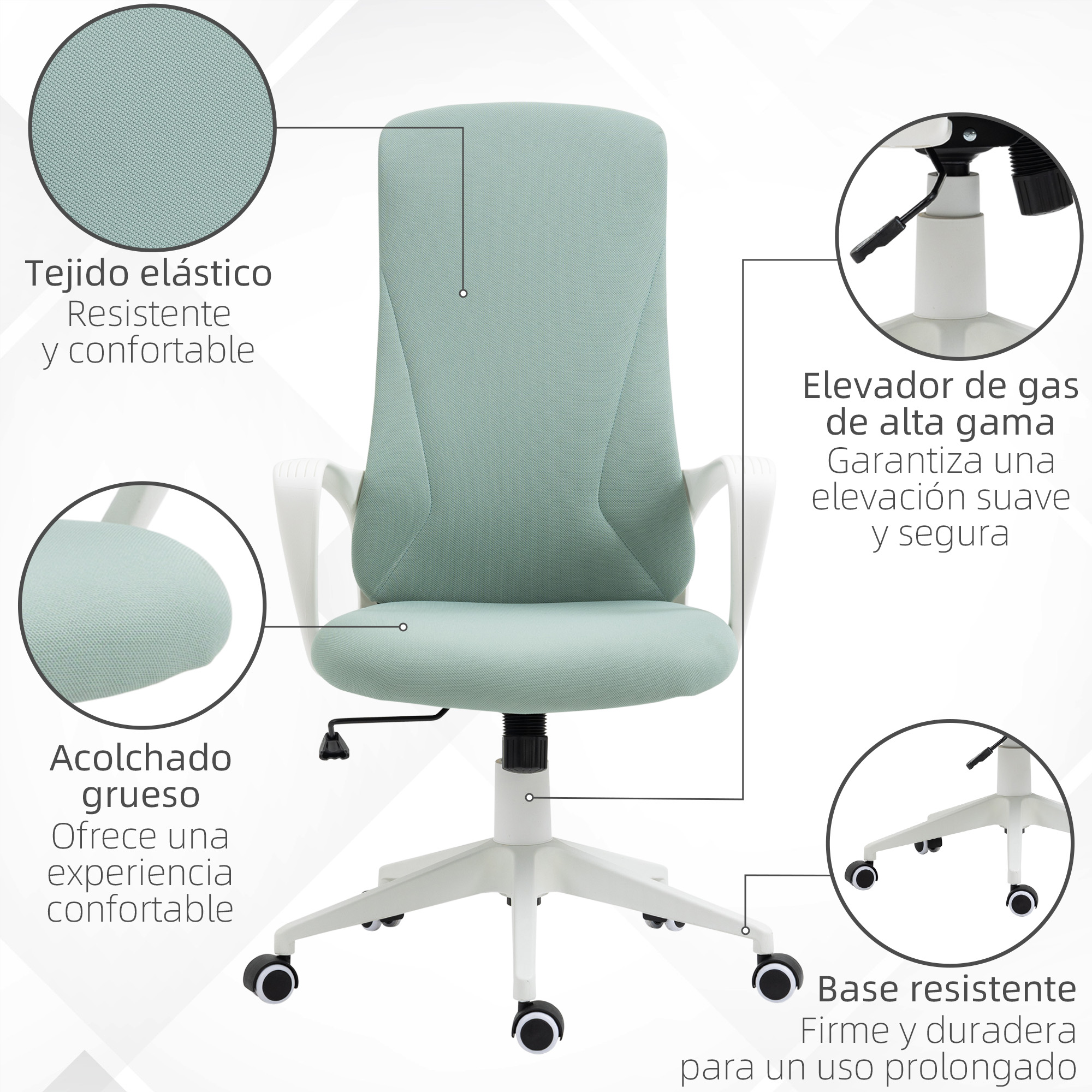 Silla de oficina verde claro con detalles blancos y características como tejido elástico, elevador de gas y base robusta.