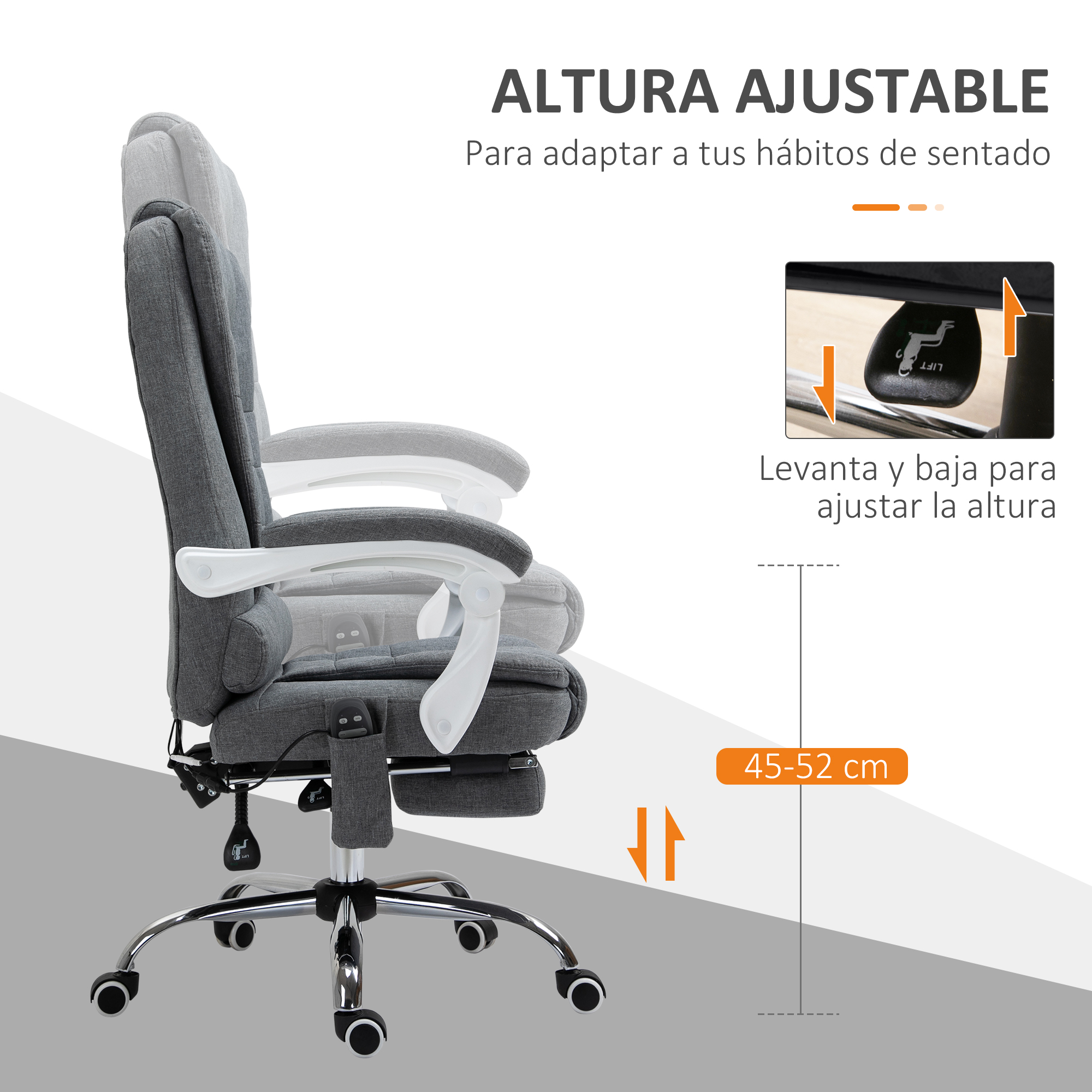 Una silla de oficina gris con reposapiés. La altura de la silla es ajustable entre 45-52 cm.