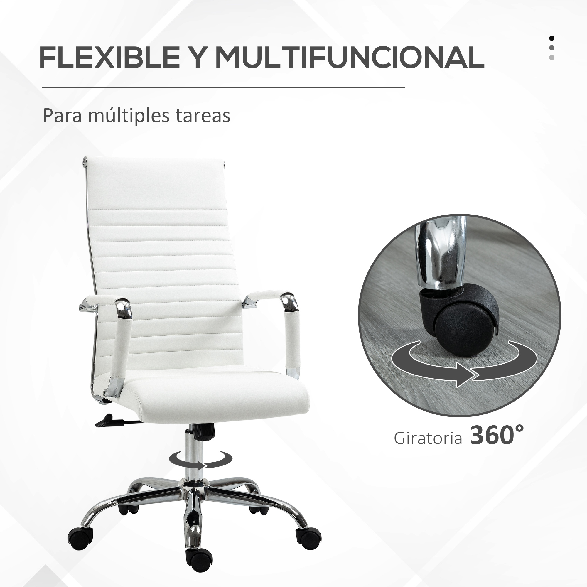 Silla de oficina blanca con base plateada. Detalle de la rueda a la derecha. Fondo gris.