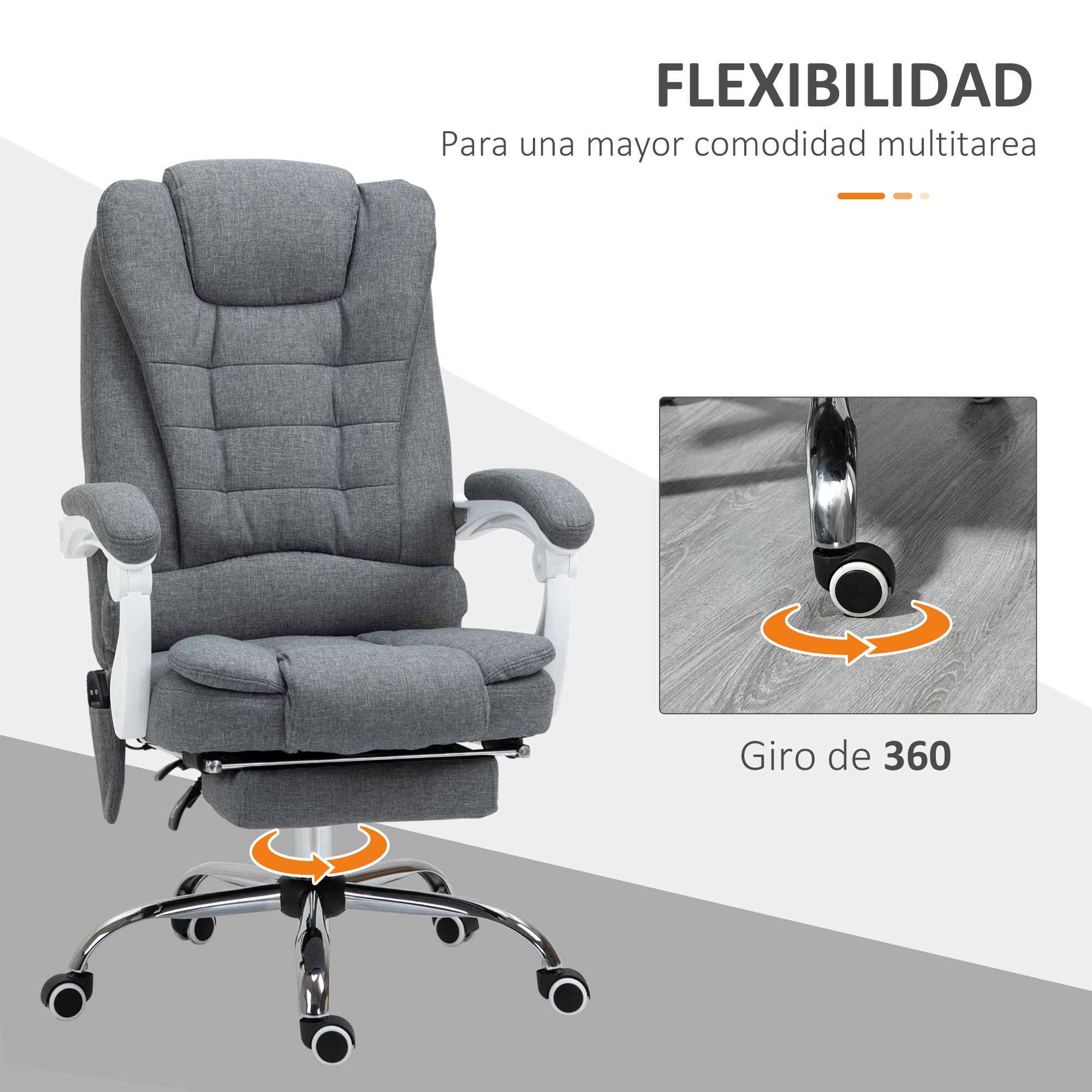 Silla de oficina gris con brazos blancos. Muestra la función giratoria de 360 grados. Ambiente gris y blanco.