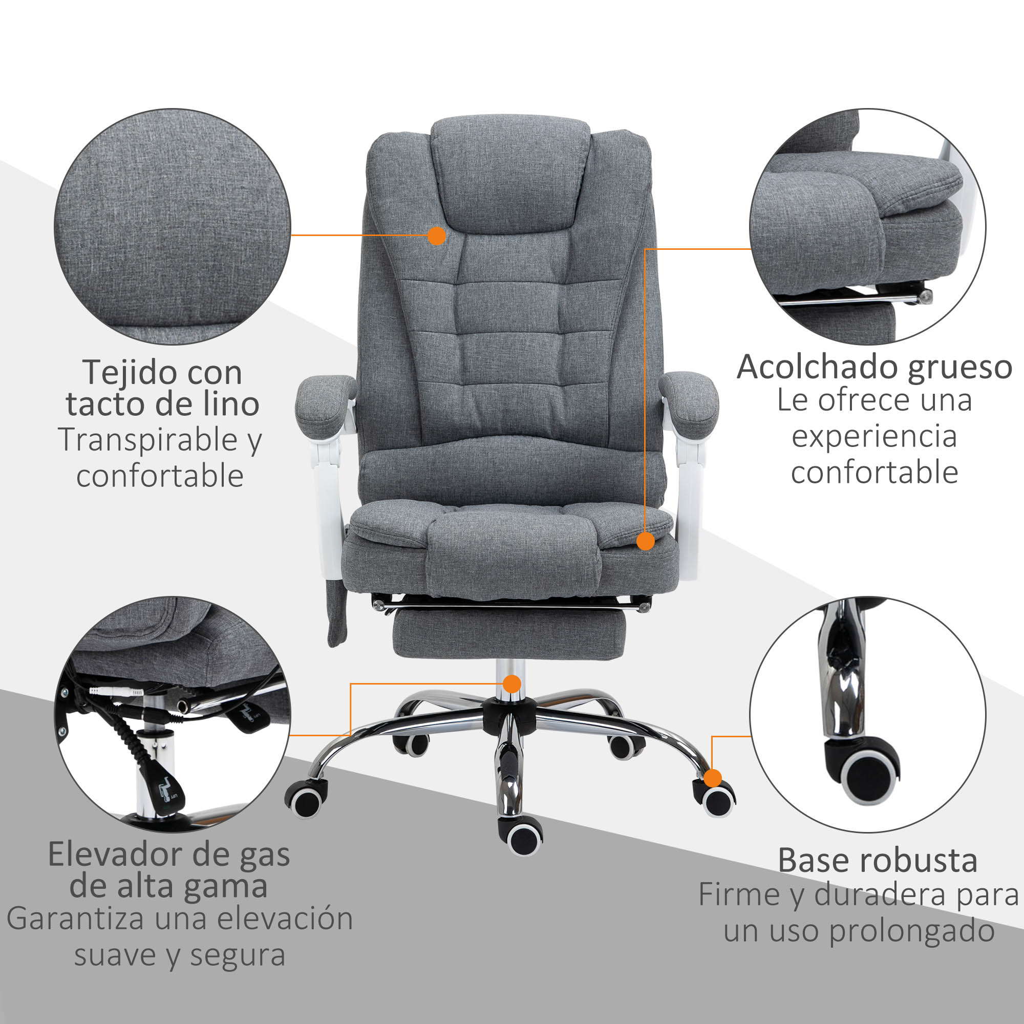 Silla de oficina gris con detalles blancos, llamadas y fondo blanco.