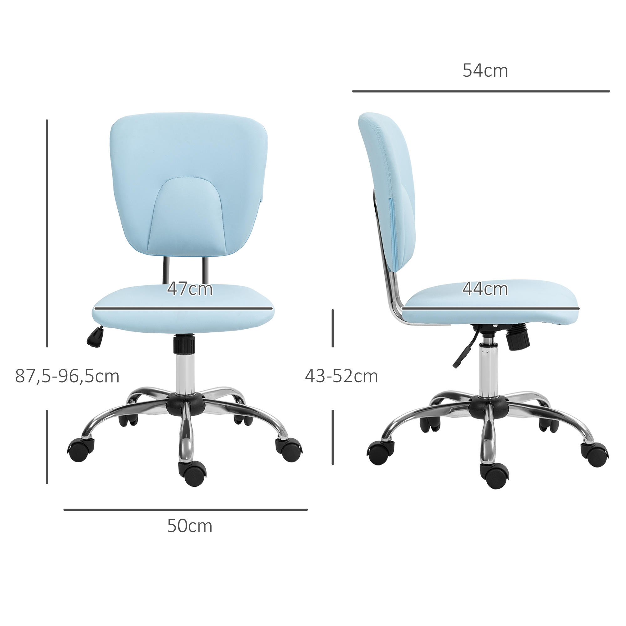 Una silla de oficina azul con dimensiones etiquetadas en centímetros.
