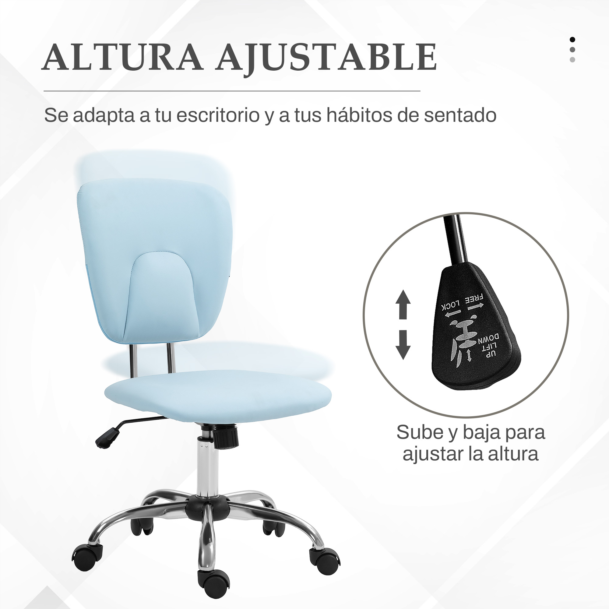 Una silla de oficina azul sobre ruedas, la altura es ajustable. Texto dice 'ALTURA AJUSTABLE'. Base cromada.