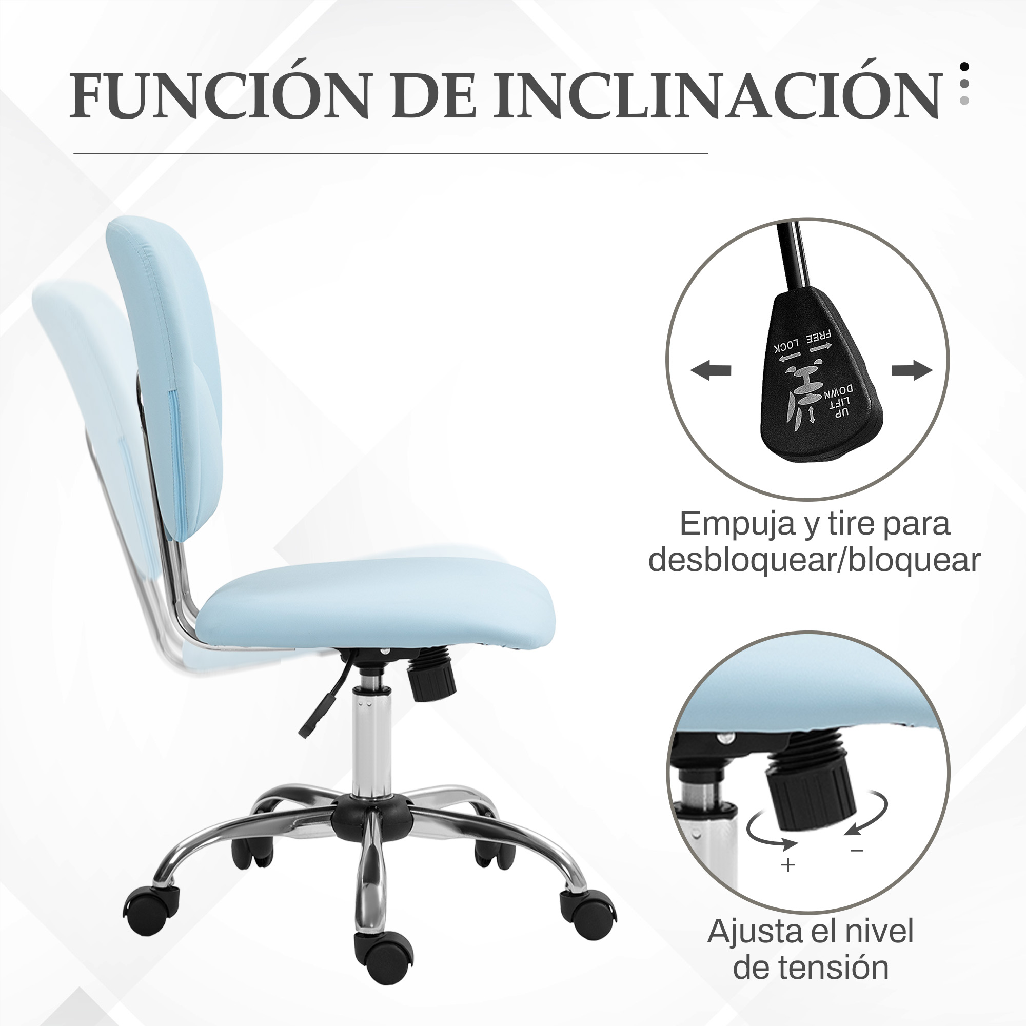 Silla de oficina azul claro con reposabrazos ajustables y base giratoria, con controles de ajuste en primer plano.