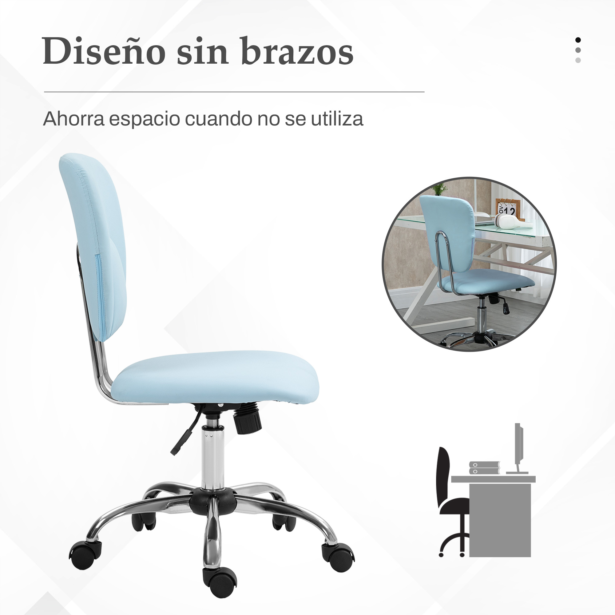 Silla de oficina azul claro sobre fondo blanco. La silla tiene base plateada y ruedas negras.