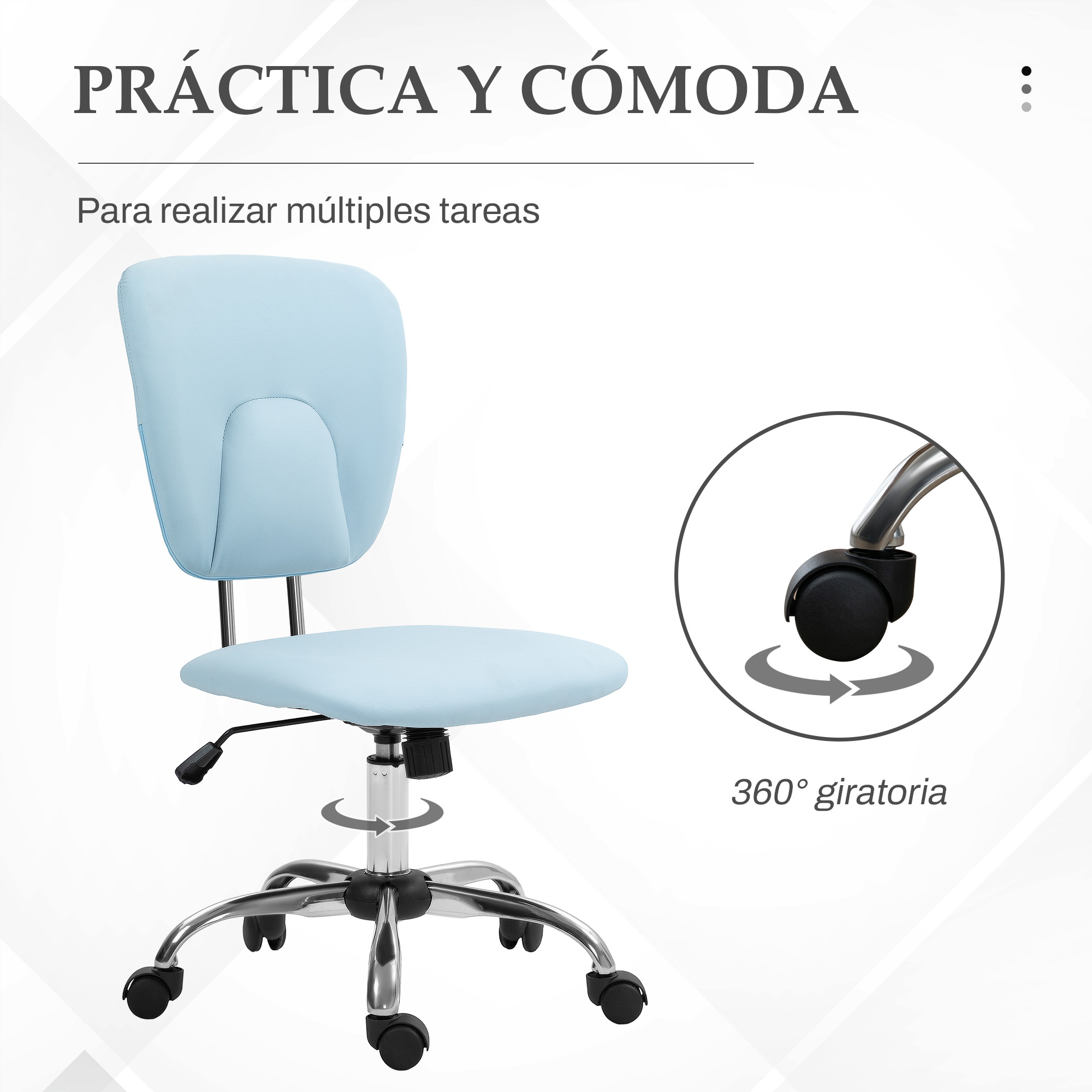 Silla de oficina azul con ruedas, texto en español sobre tareas y rotación.