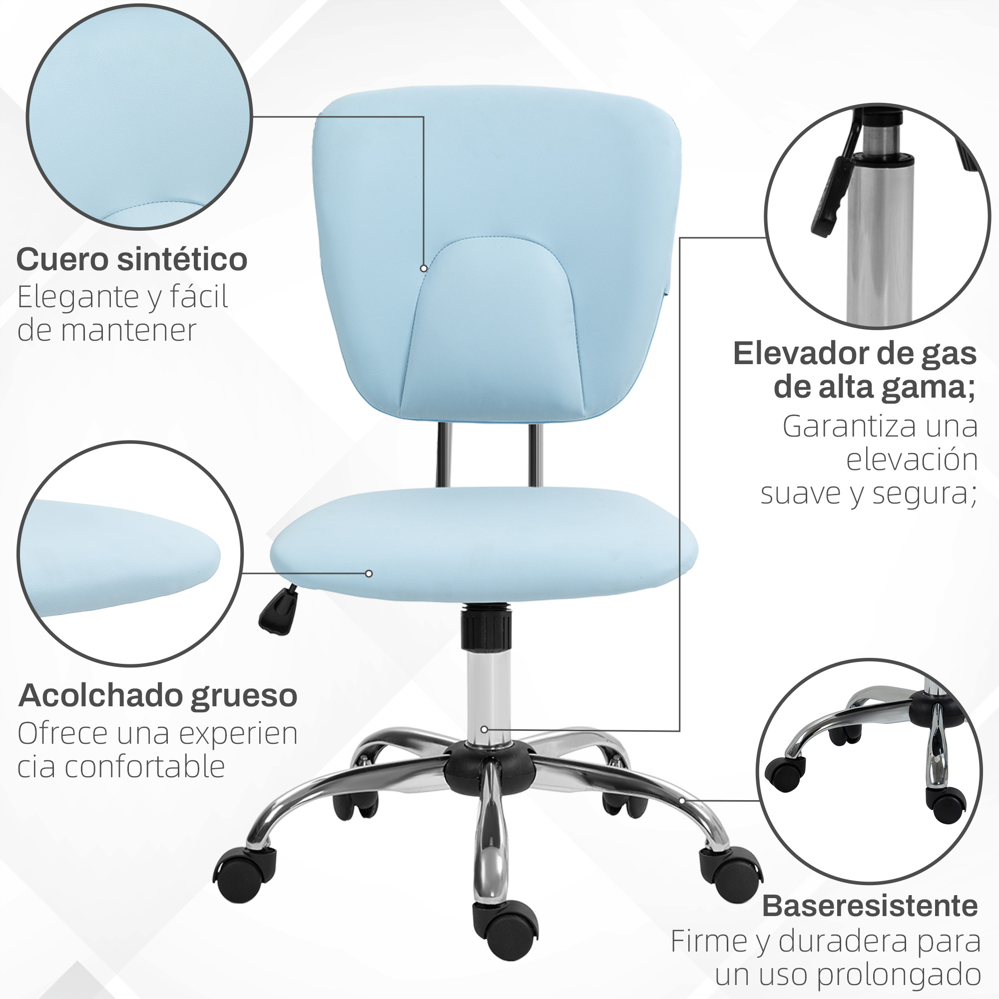 Silla de oficina azul claro con cuero sintético, acolchado grueso y base resistente.