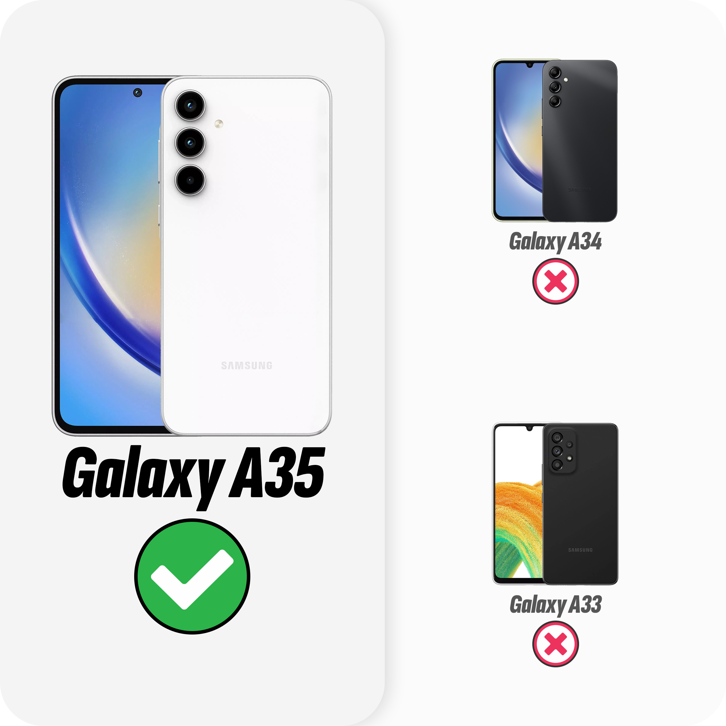 Weißes Telefon links mit Galaxy A35-Etikett und Galaxy A34 und A33 als falsch markiert.