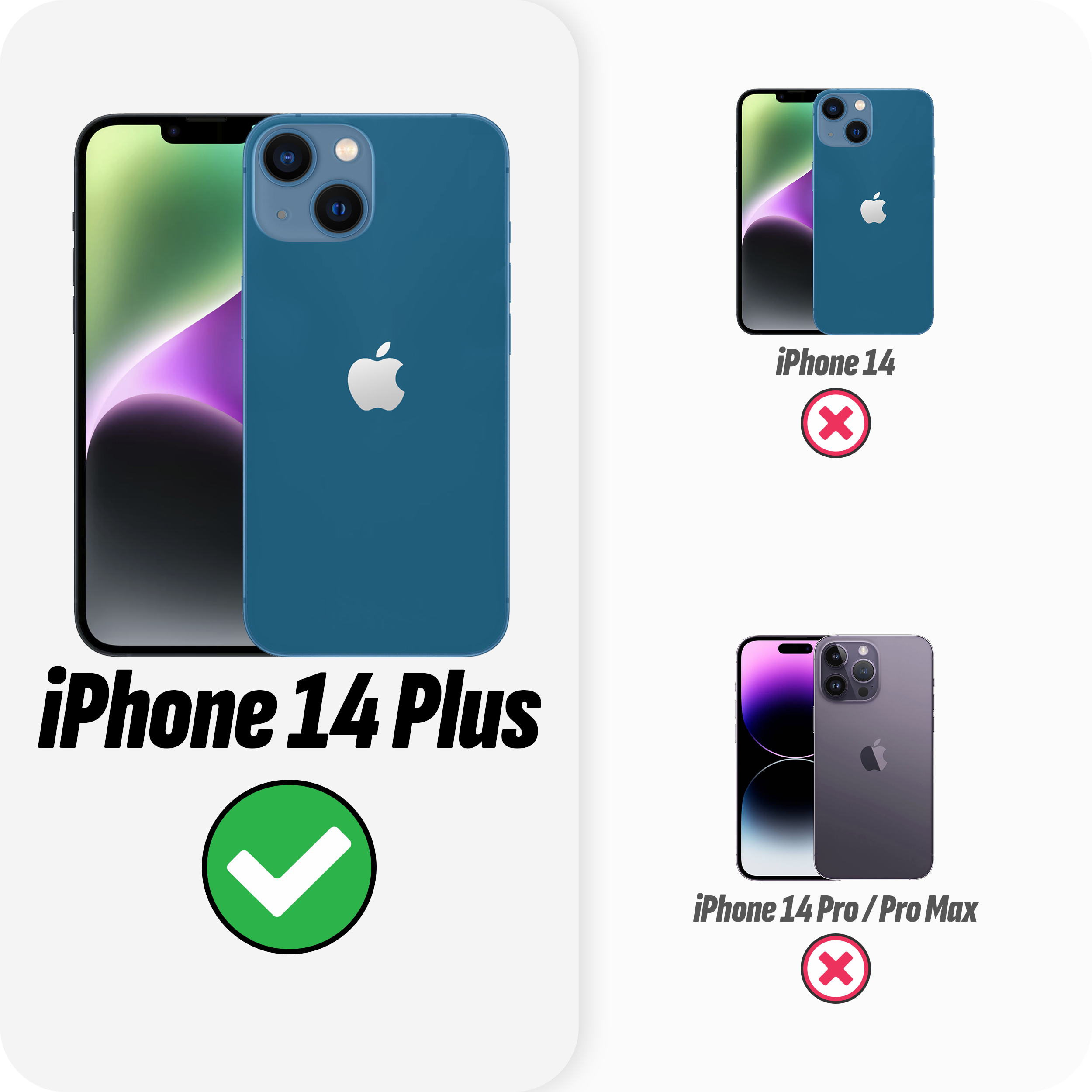 Blaues iPhone 14 Plus. iPhone 14 und iPhone 14 Pro/Max mit roten X-Markierungen. Weißer Hintergrund.
