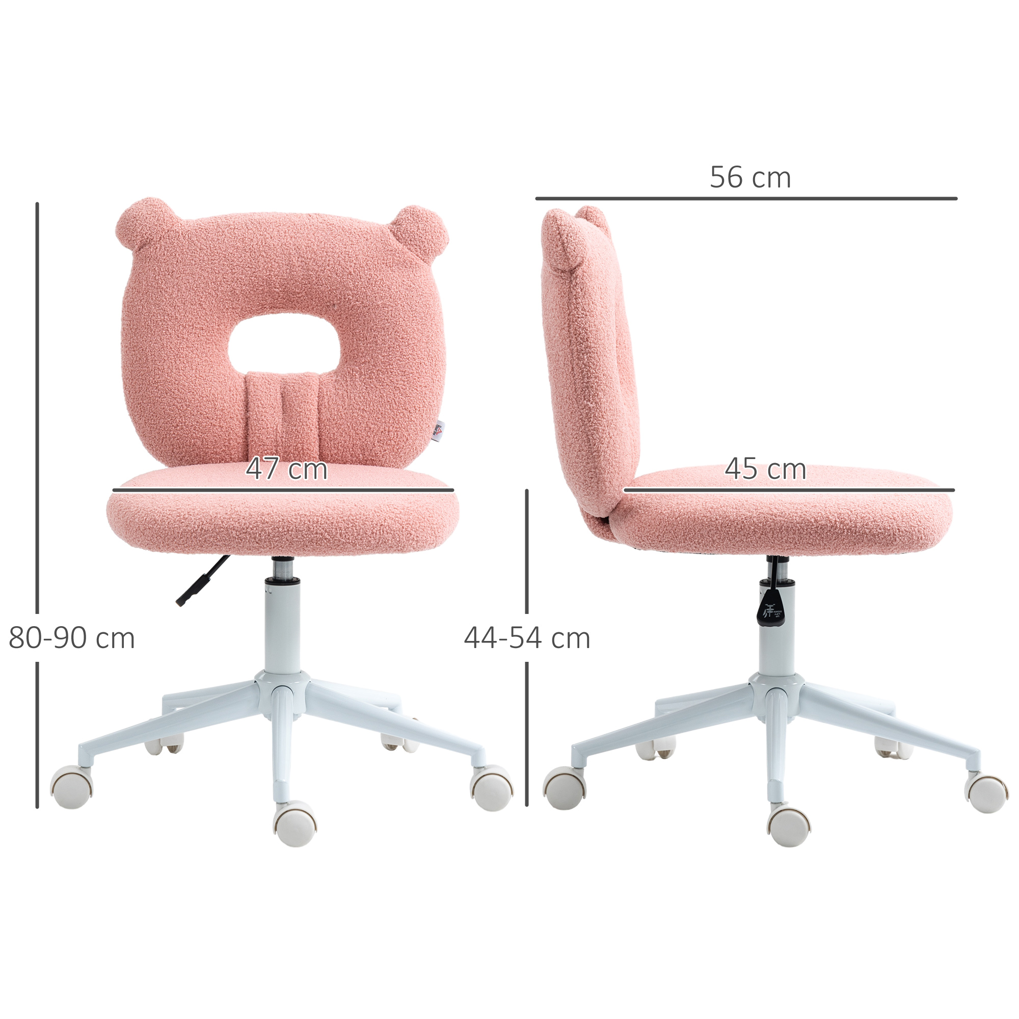 Silla rosa de oso de peluche con medidas, dos vistas.