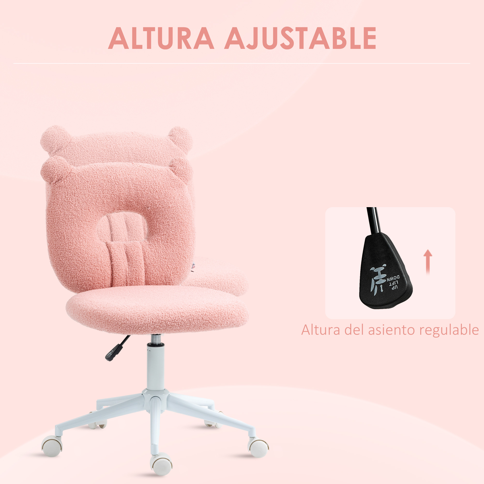 Silla rosa de osito de peluche con base blanca. El texto dice altura ajustable en español.