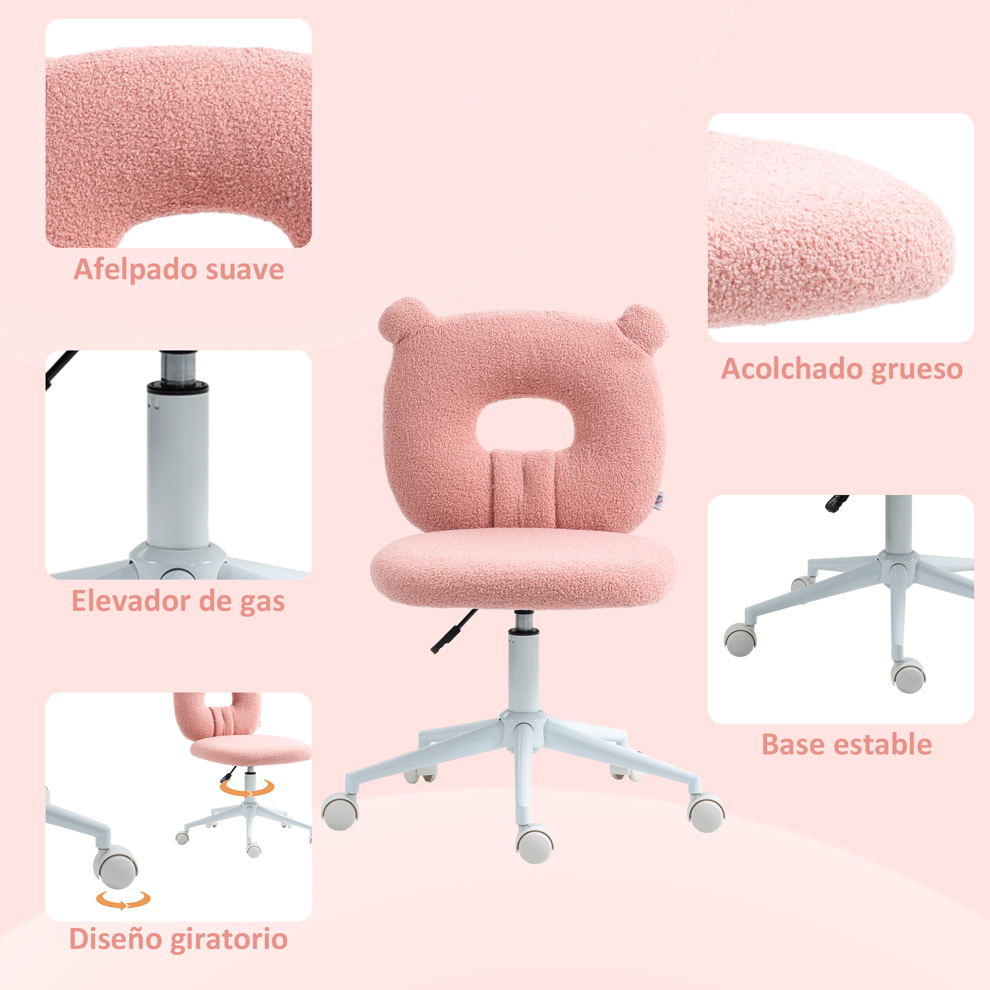 Silla rosa de oso de peluche con ilustraciones del asiento, respaldo y mecanismo de elevación.