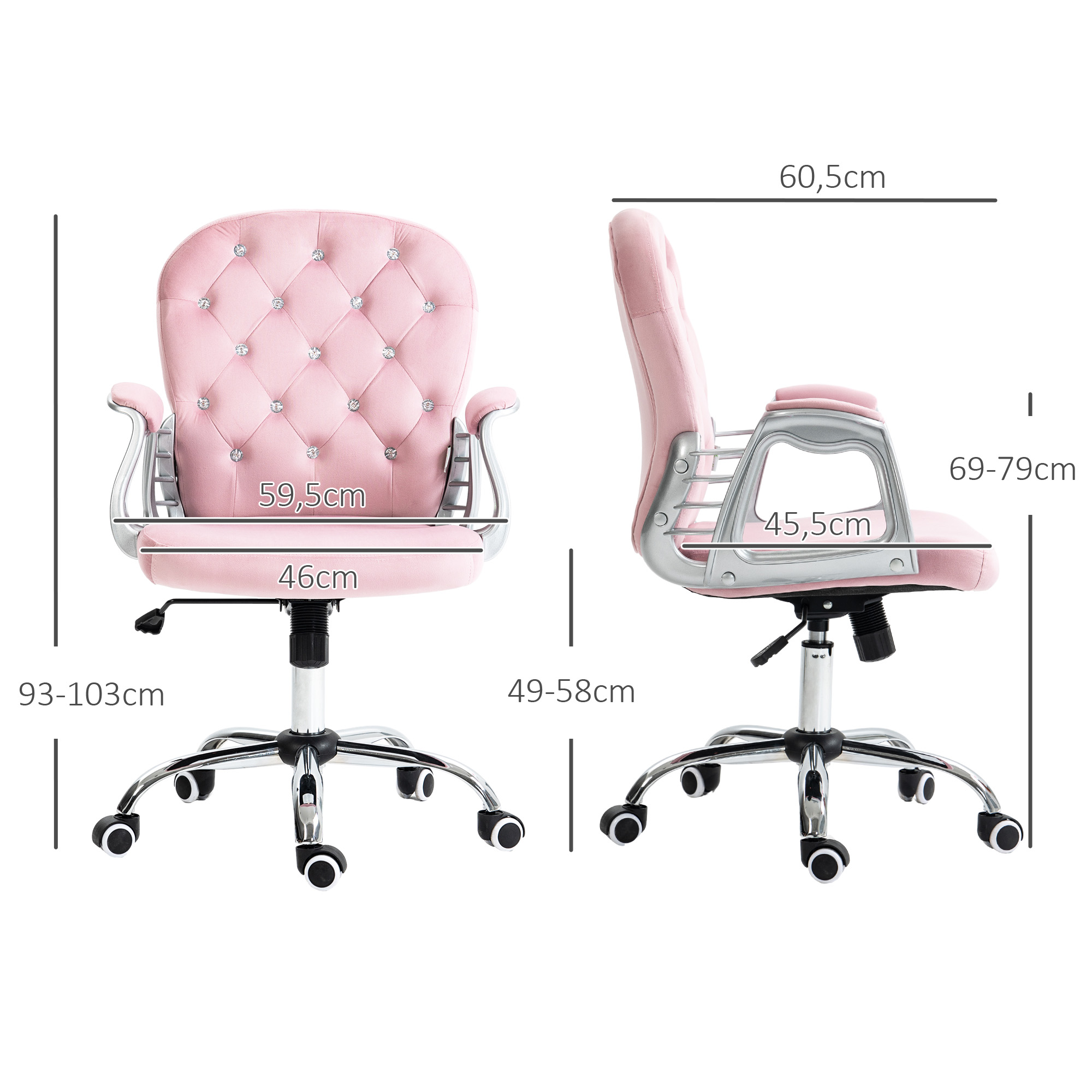 Silla de oficina rosa con medidas. La silla tiene una base y reposabrazos plateados.