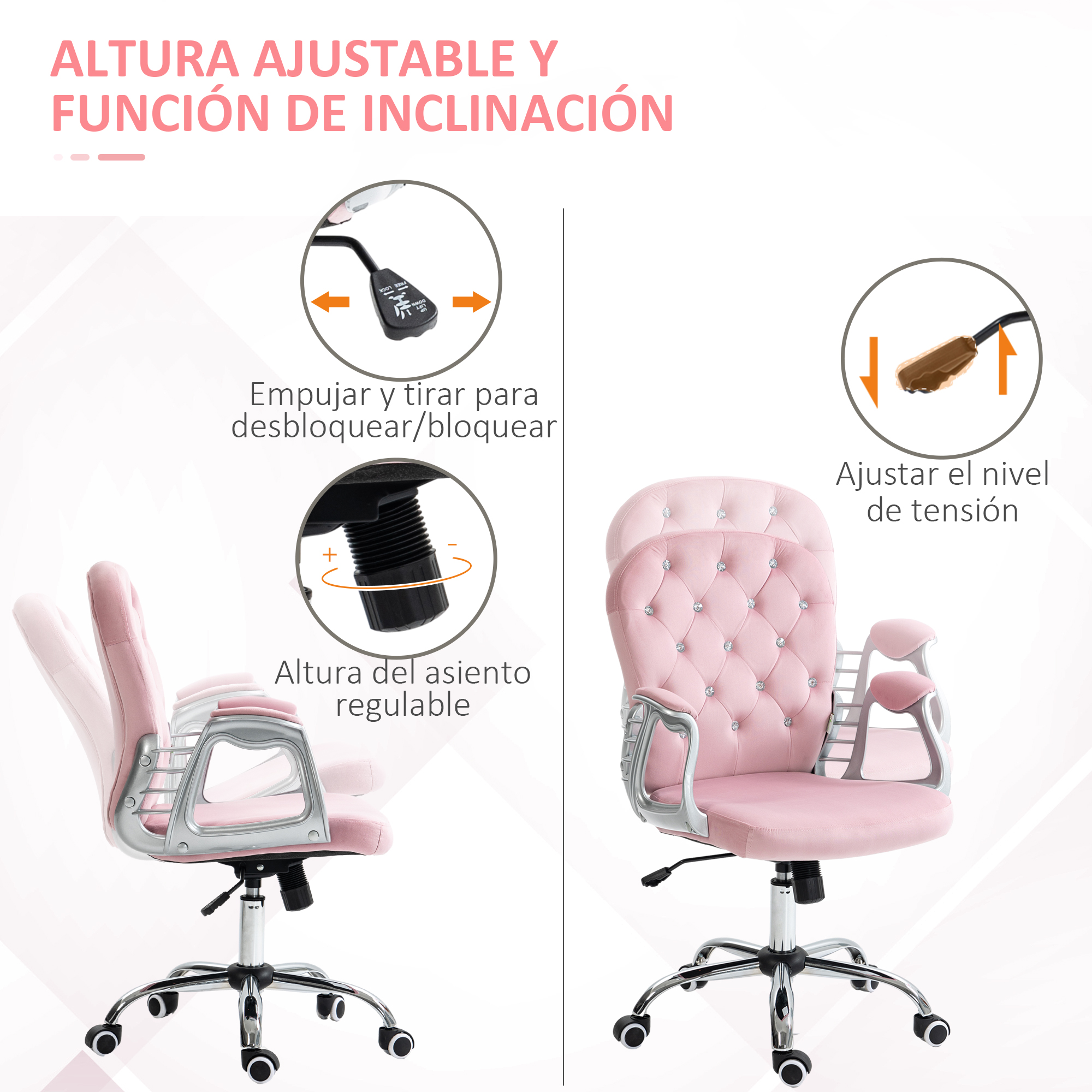 Silla de oficina rosa con altura y nivel de tensión ajustables, con diagramas.