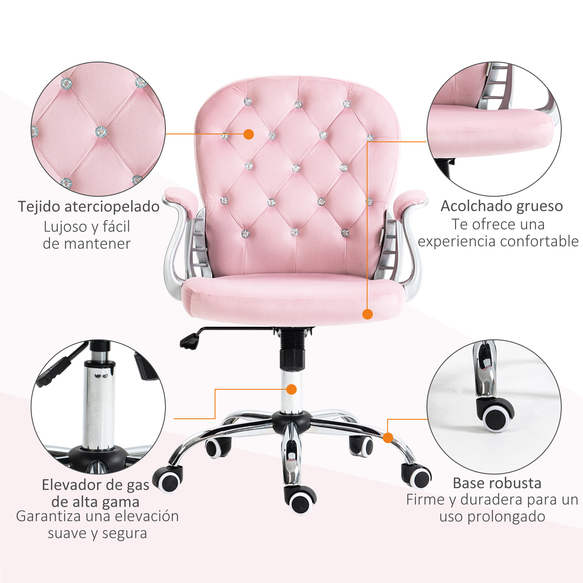 Silla de oficina rosa con anotaciones detalladas. Incluye información sobre tela, acolchado y base.