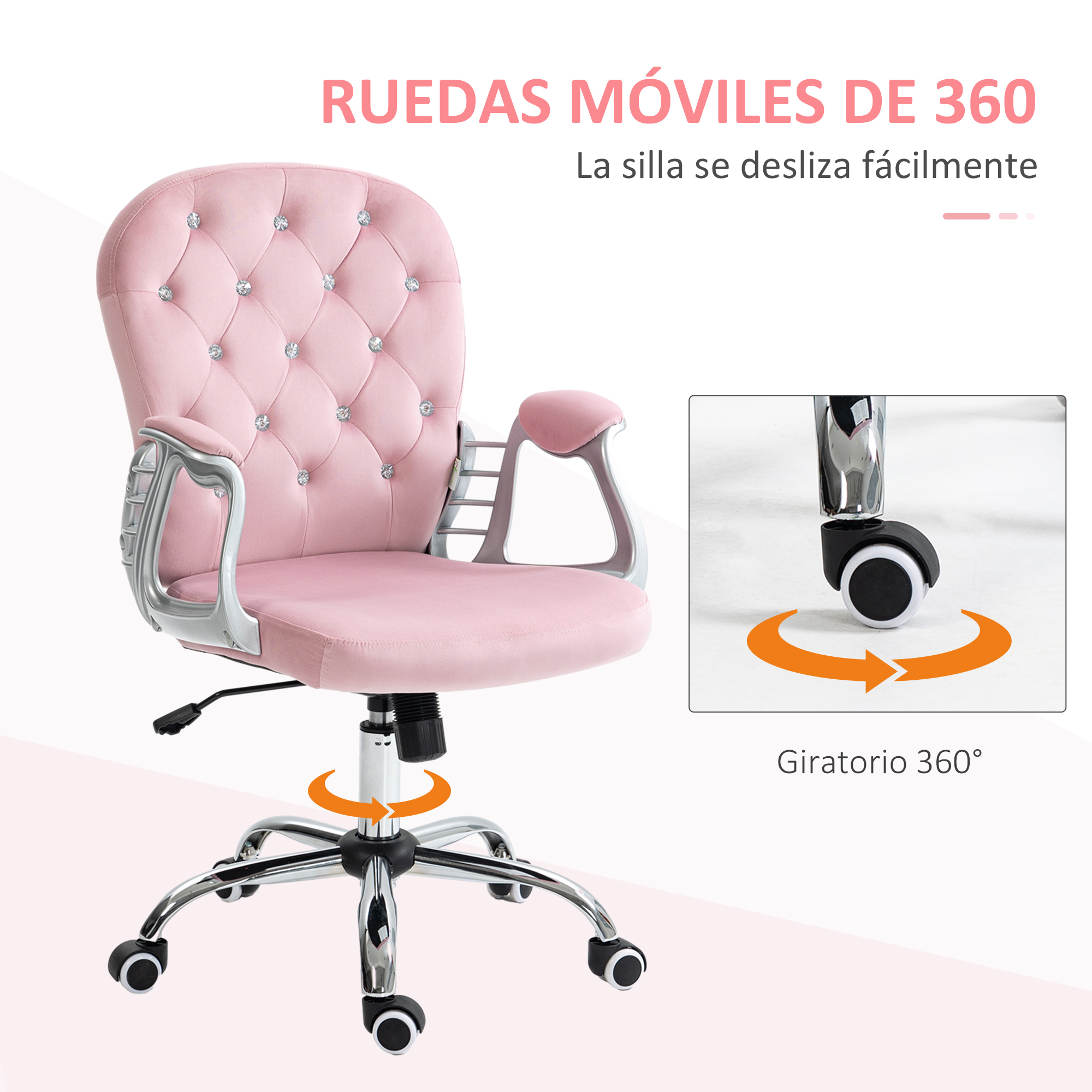 Silla de oficina rosa con base plateada, ruedas y texto en español.