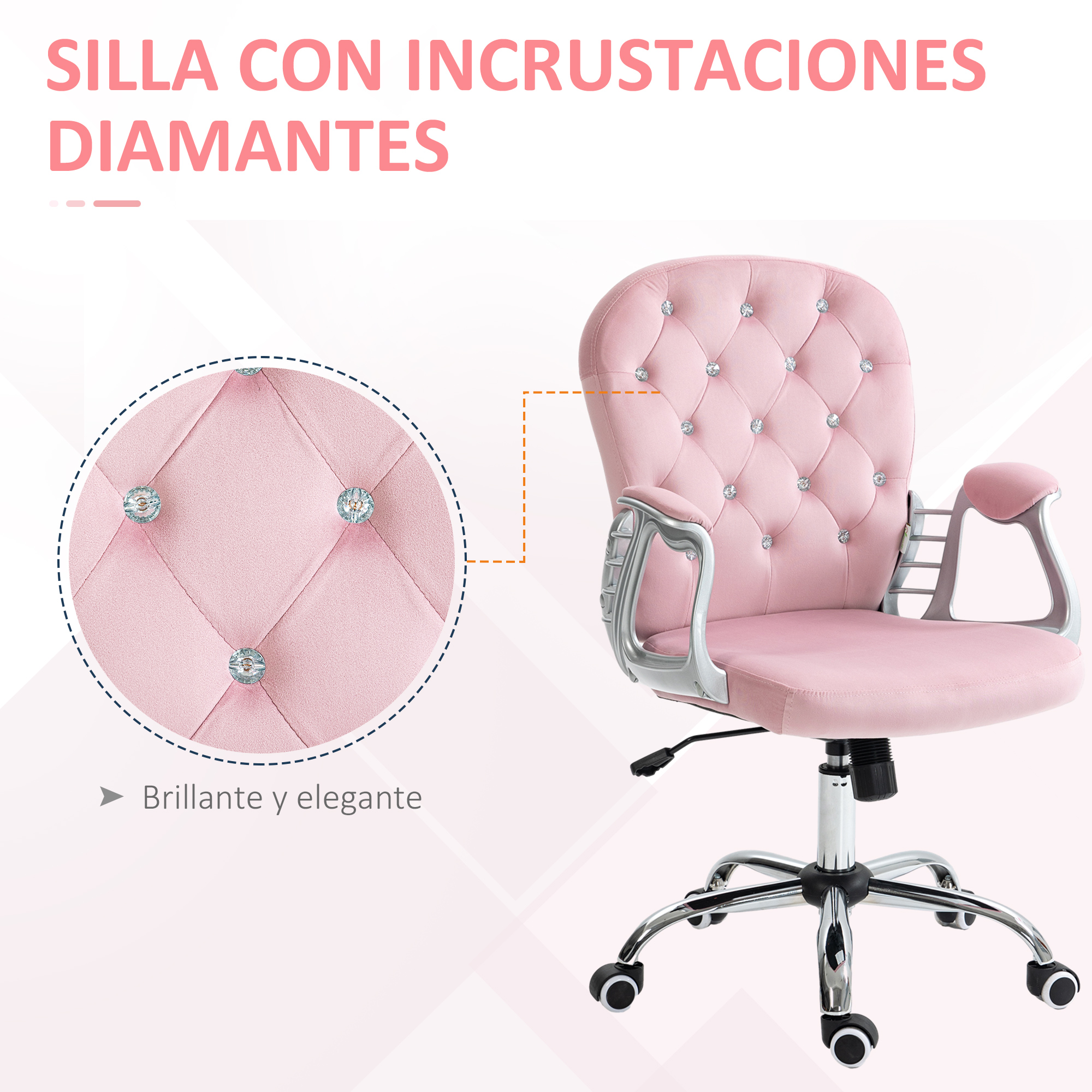 Una silla de oficina rosa con adornos en forma de diamante. Tiene una base y reposabrazos plateados con una vista de cerca.