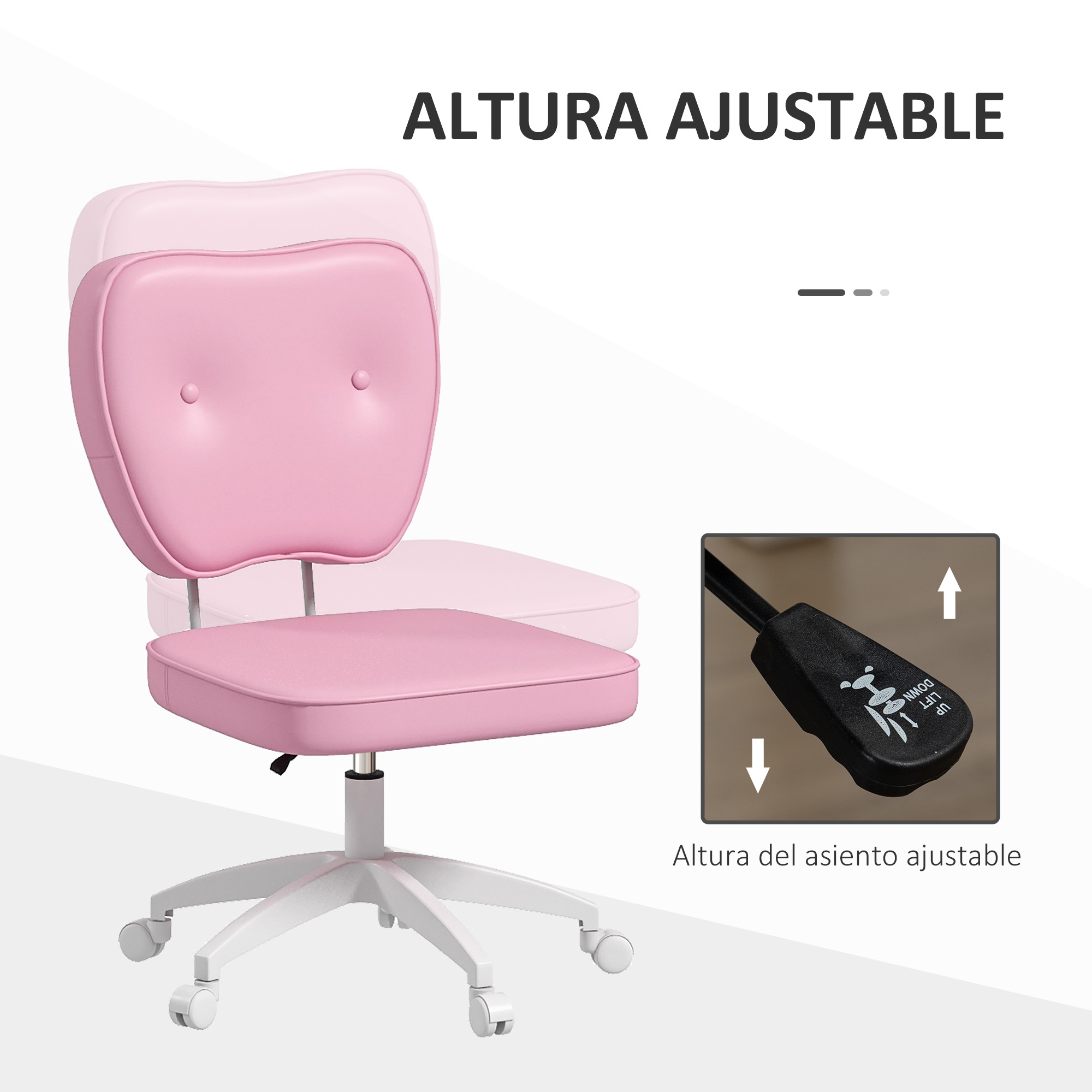 Silla rosa y blanca de altura ajustable con una flecha que indica el ajuste de la altura del asiento, fondo blanco.