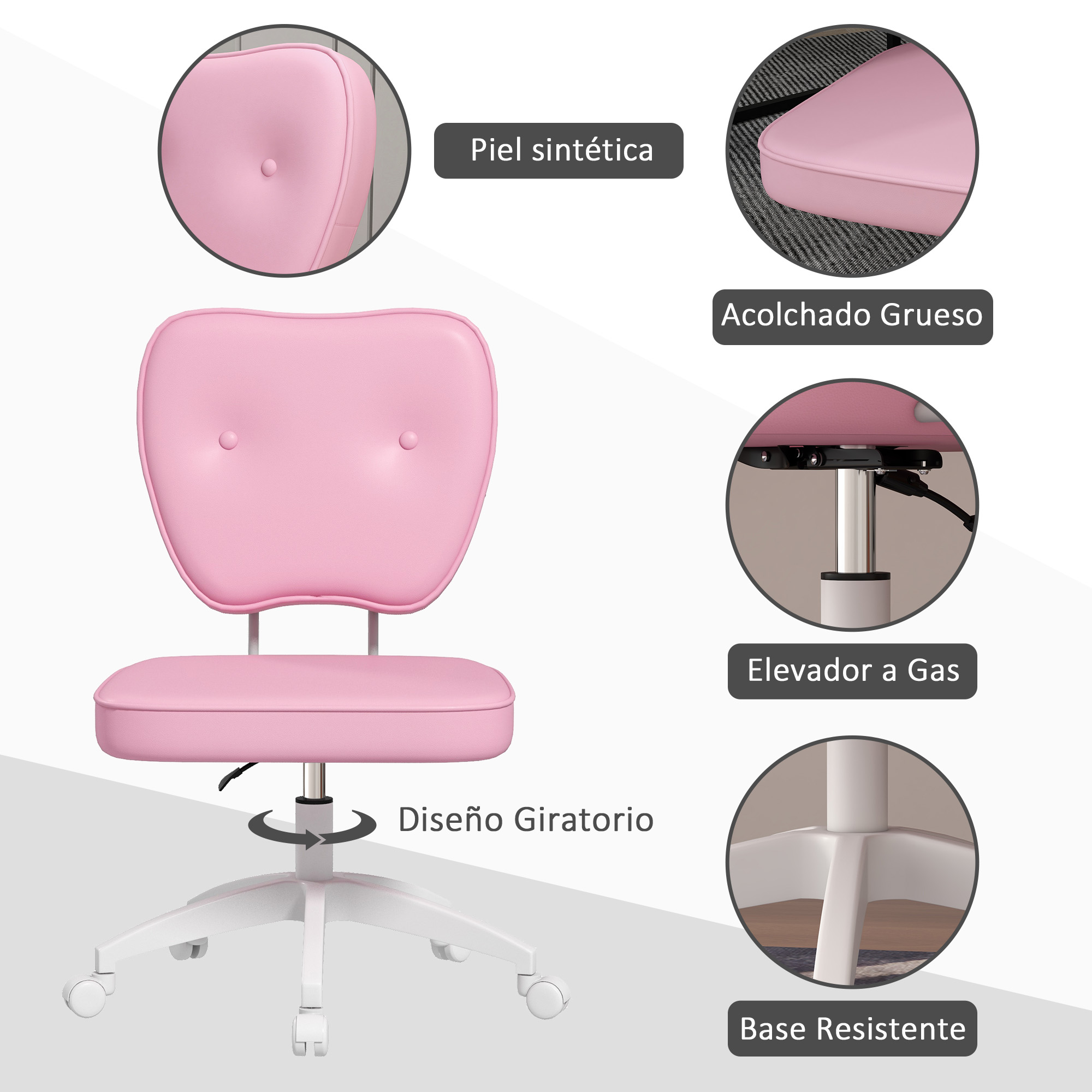 Una silla de oficina rosa. Muestra cuero sintético, acolchado grueso, elevador de gas y diseño giratorio.