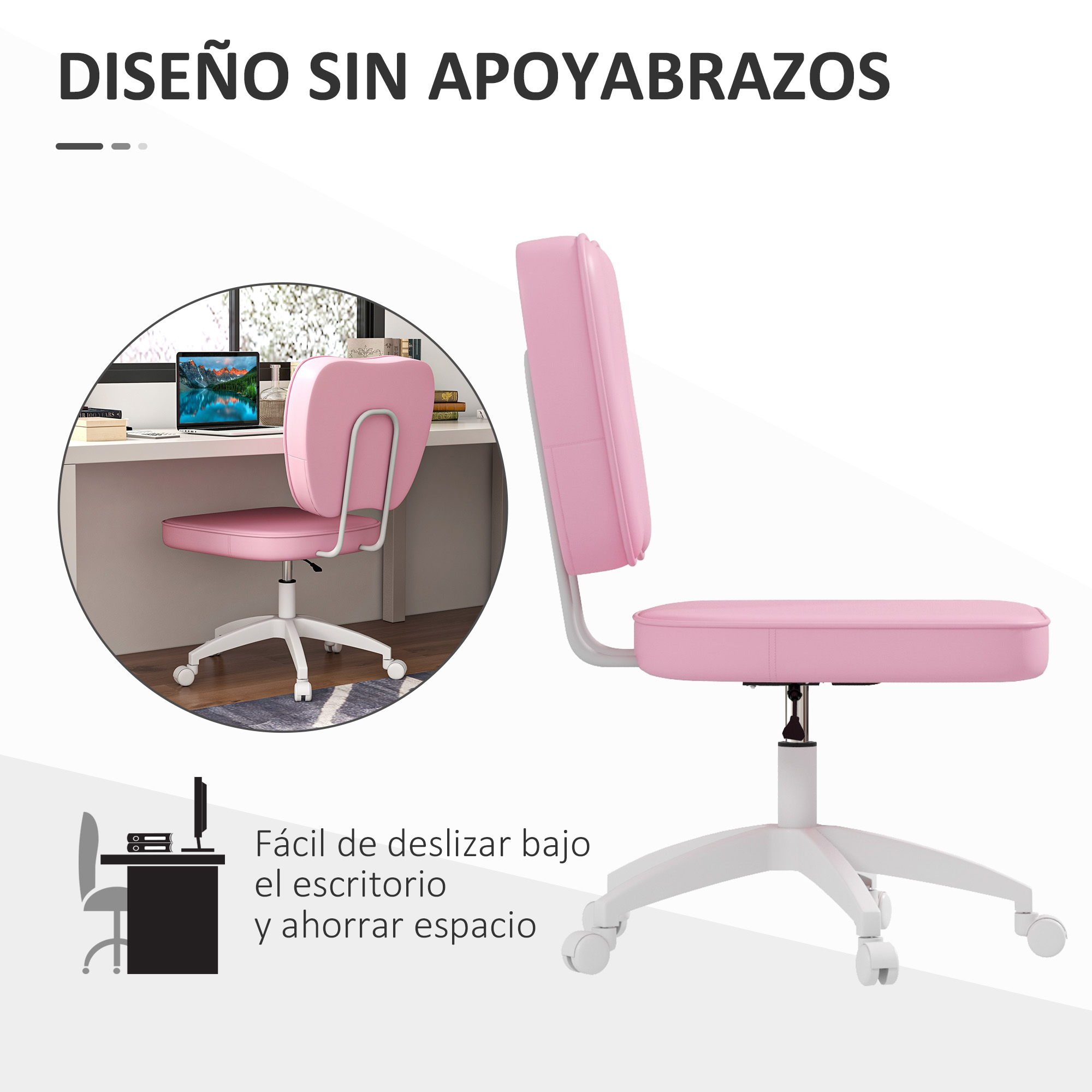 Una silla de oficina rosa con patas blancas junto a un escritorio con un portátil.