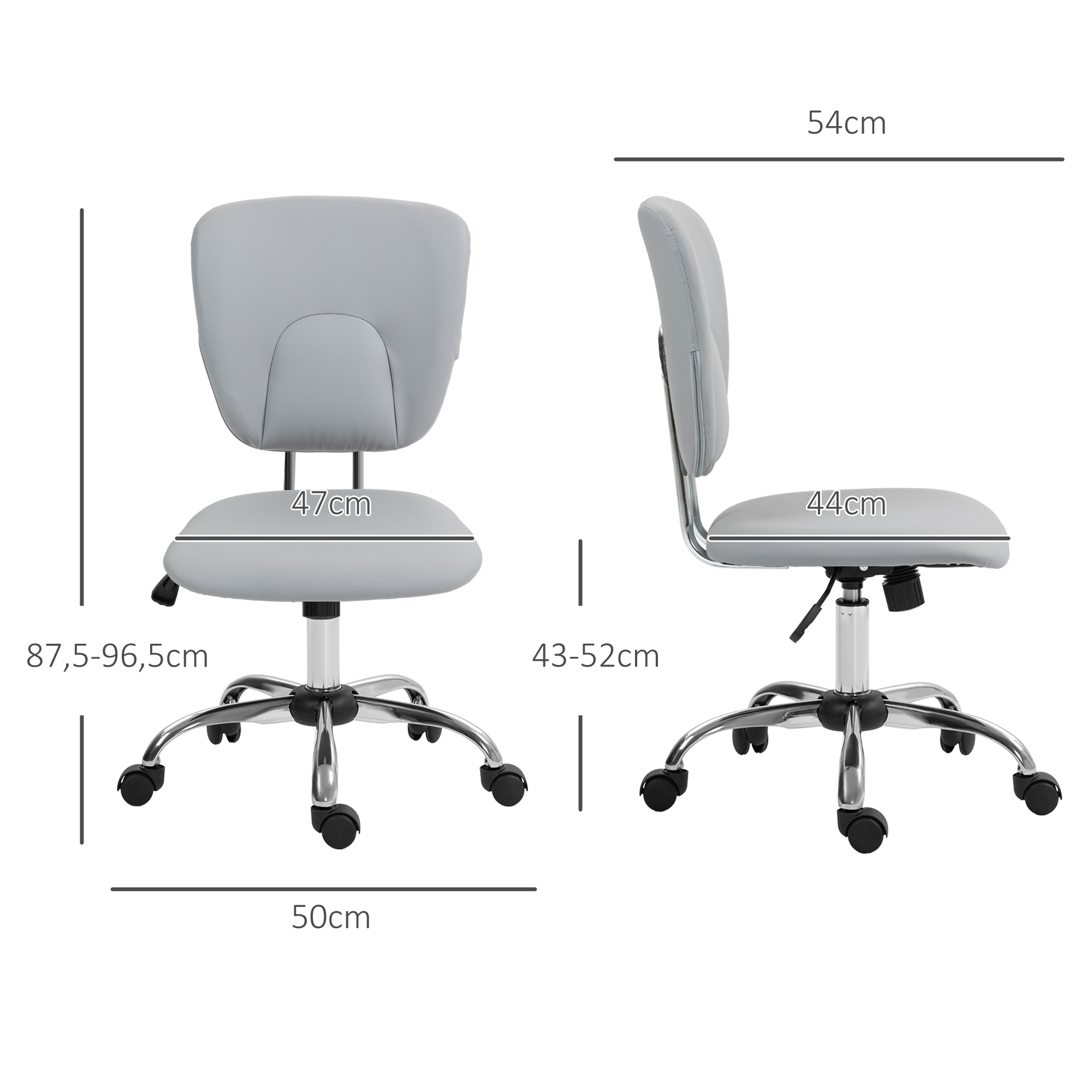 Silla de oficina gris, dimensiones: 50cm ancho, 87.5-96.5cm alto, 47cm ancho asiento, 43-52cm alto.