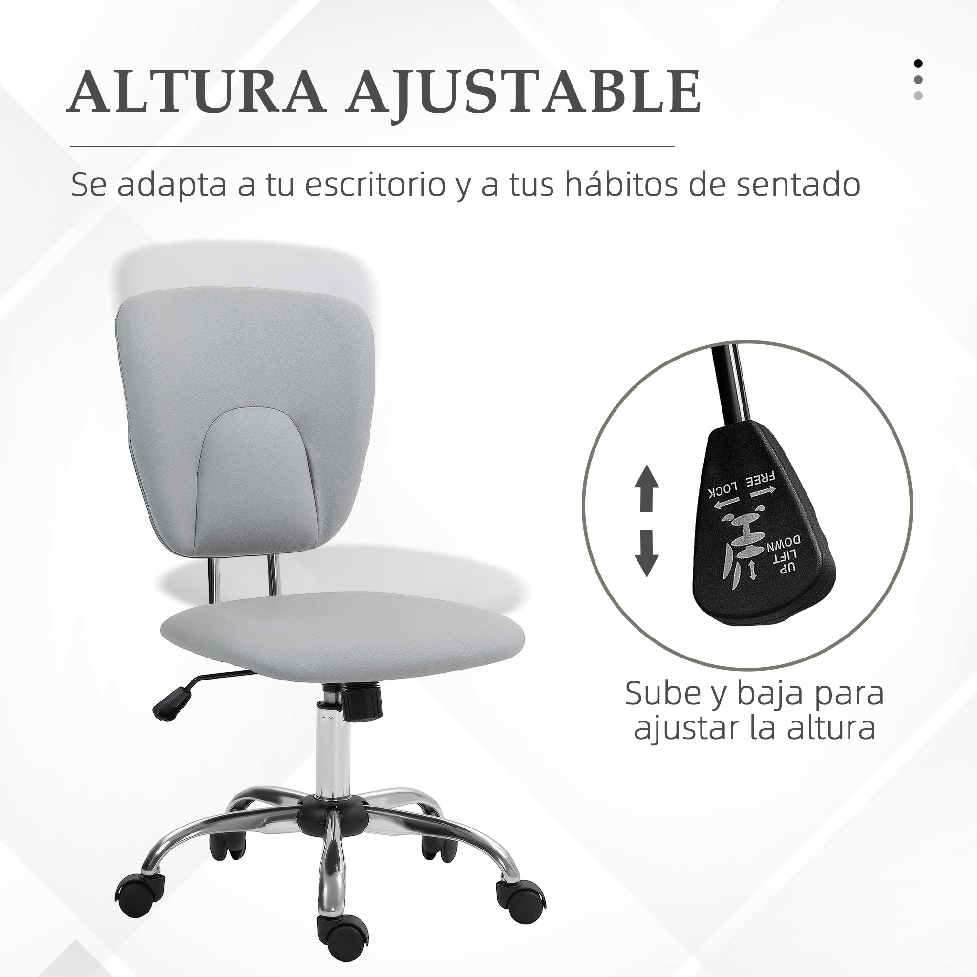 Silla de oficina gris con base plateada, ruedas negras y palanca de ajuste de altura.