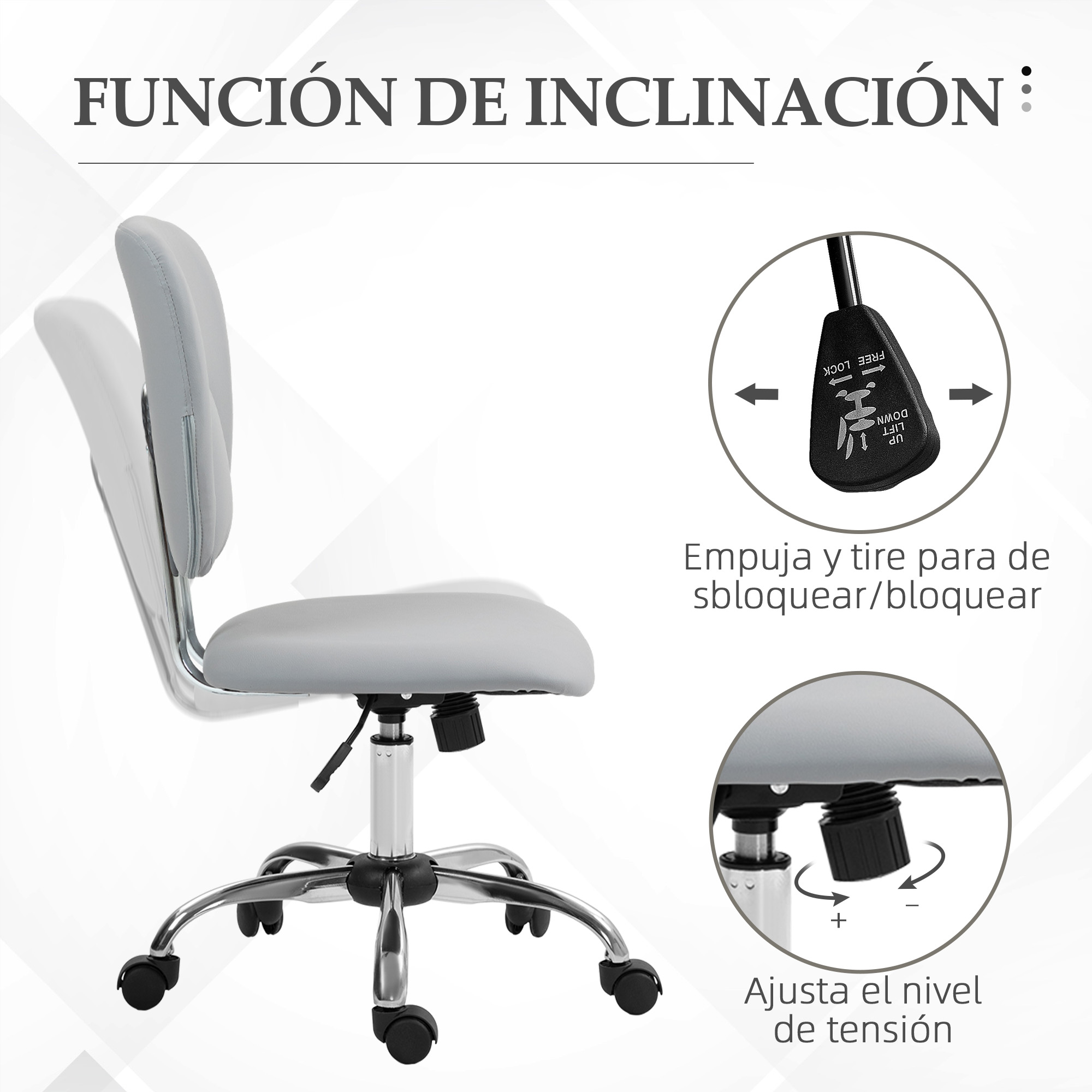 Silla de oficina gris con función de inclinación. Una palanca y flechas indican cómo desbloquear y ajustar la tensión.