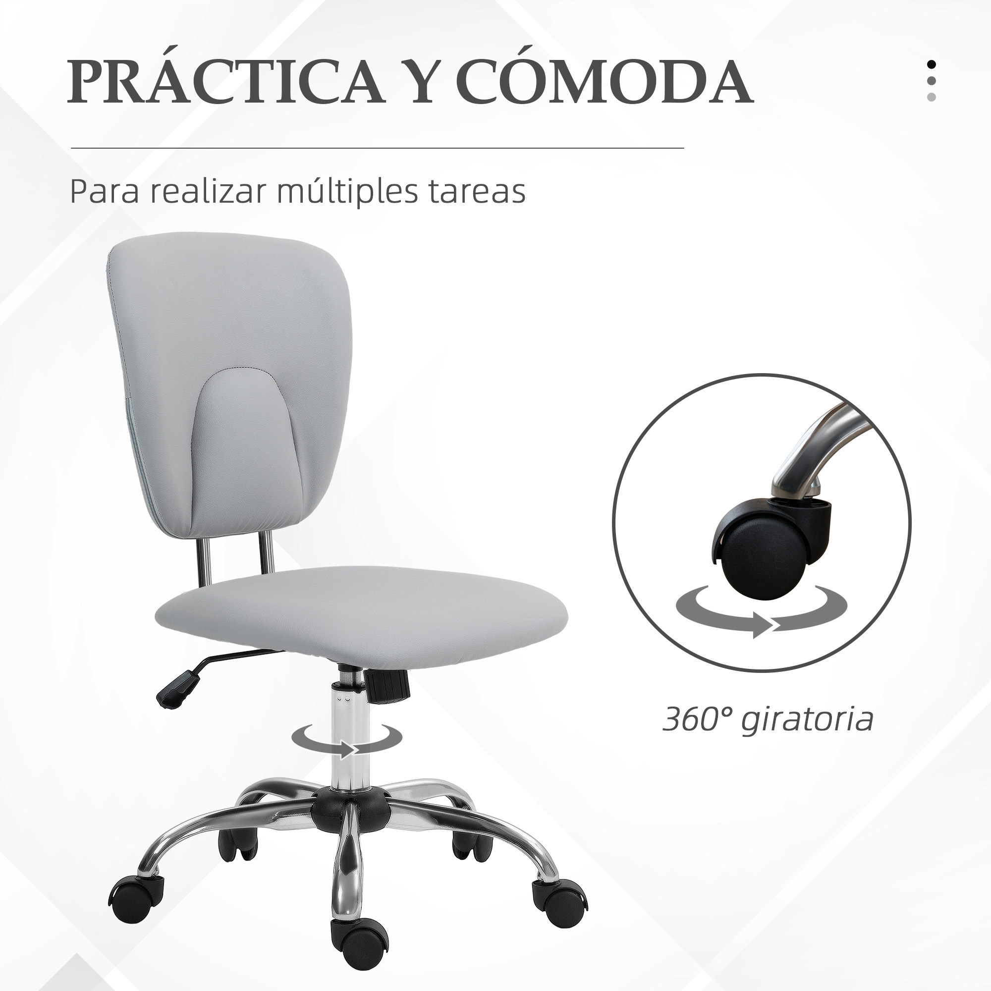 Silla de oficina gris con 5 ruedas, base cromada y respaldo.