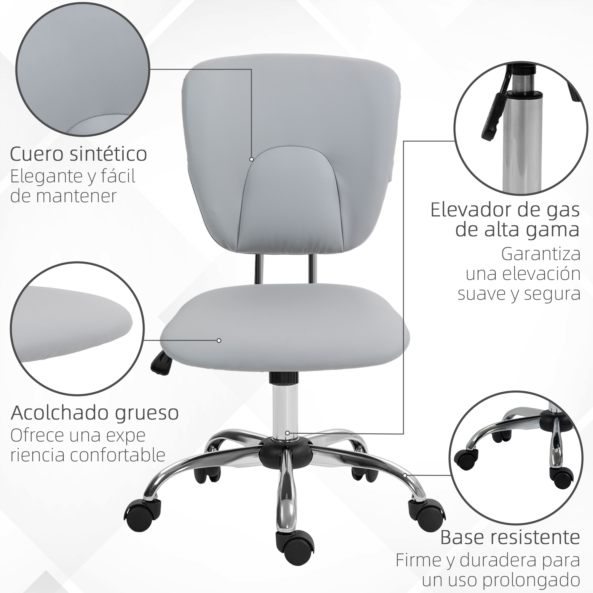 Una silla de oficina gris con base y ruedas plateadas. Características y texto.