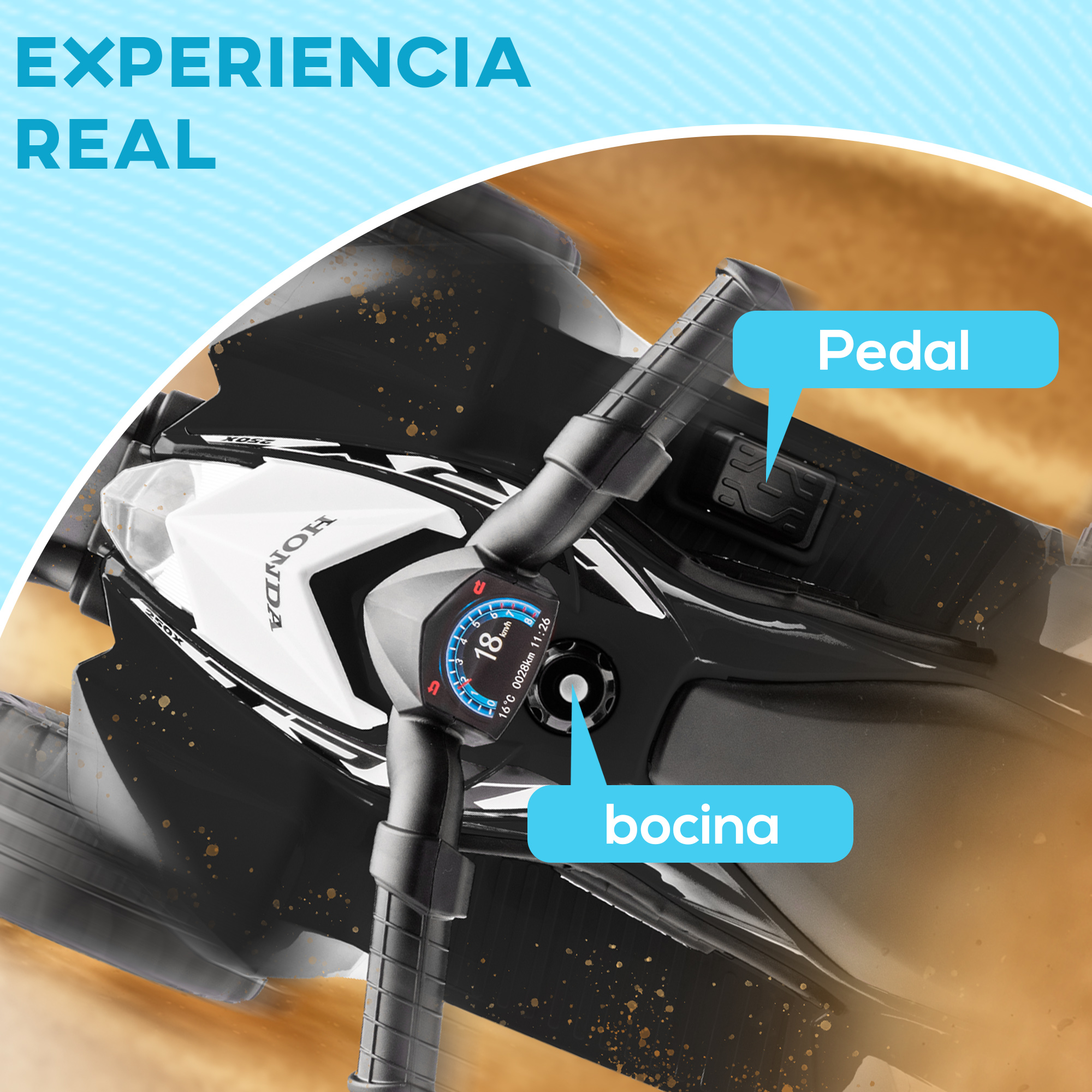 Un vehículo de juguete con un diseño en blanco y negro. Las palabras pedal y bocina están señaladas.