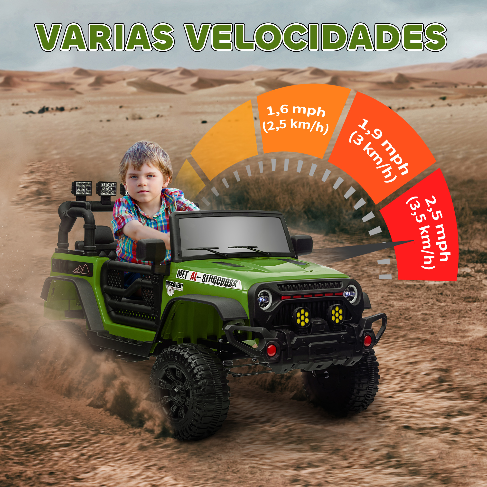 Un niño conduce un coche de juguete verde en un camino de tierra. Velocímetro muestra mph y km/h con opciones de velocidad.