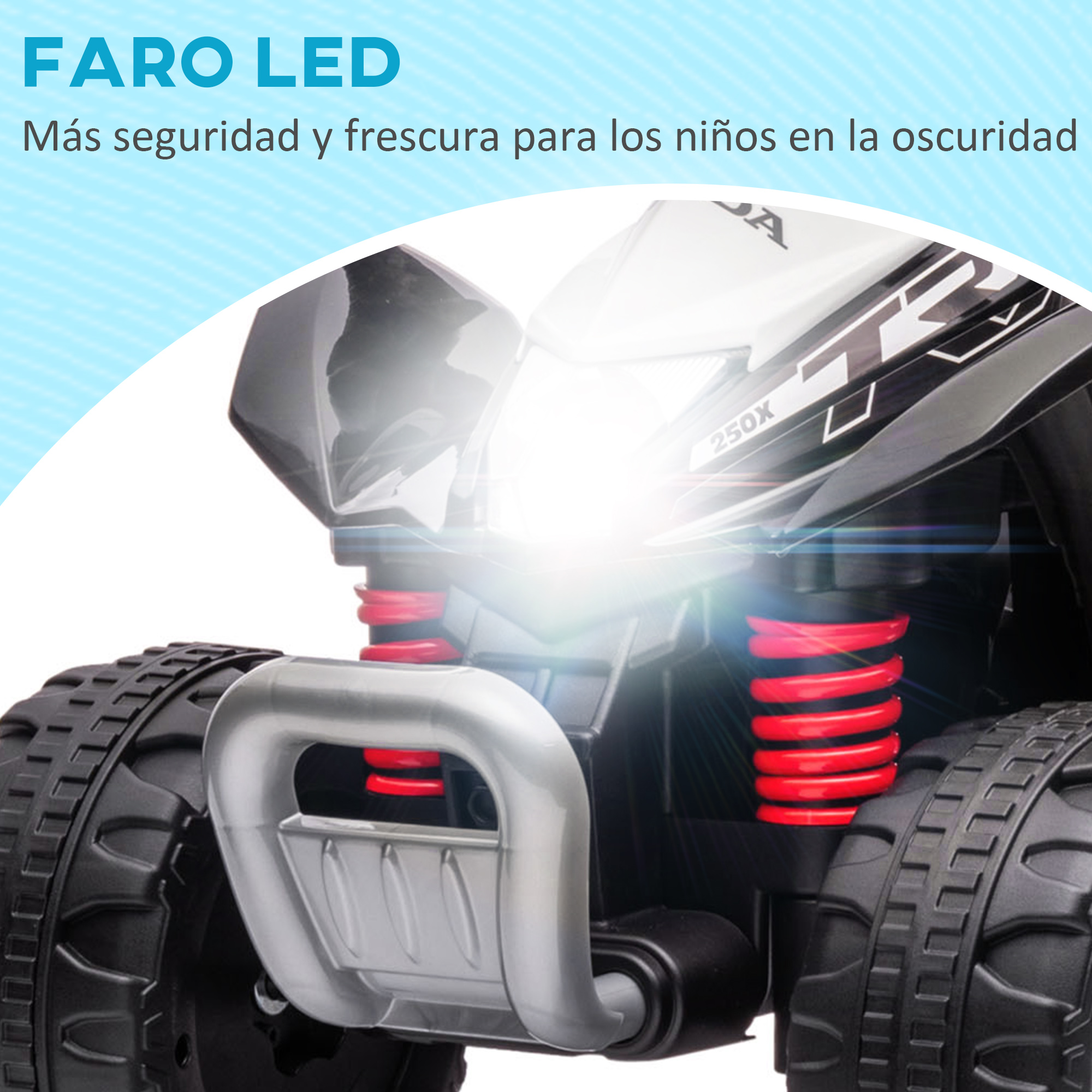 Primer plano del faro de un coche de juguete. El coche es negro y blanco, con suspensión roja, luz LED encendida.